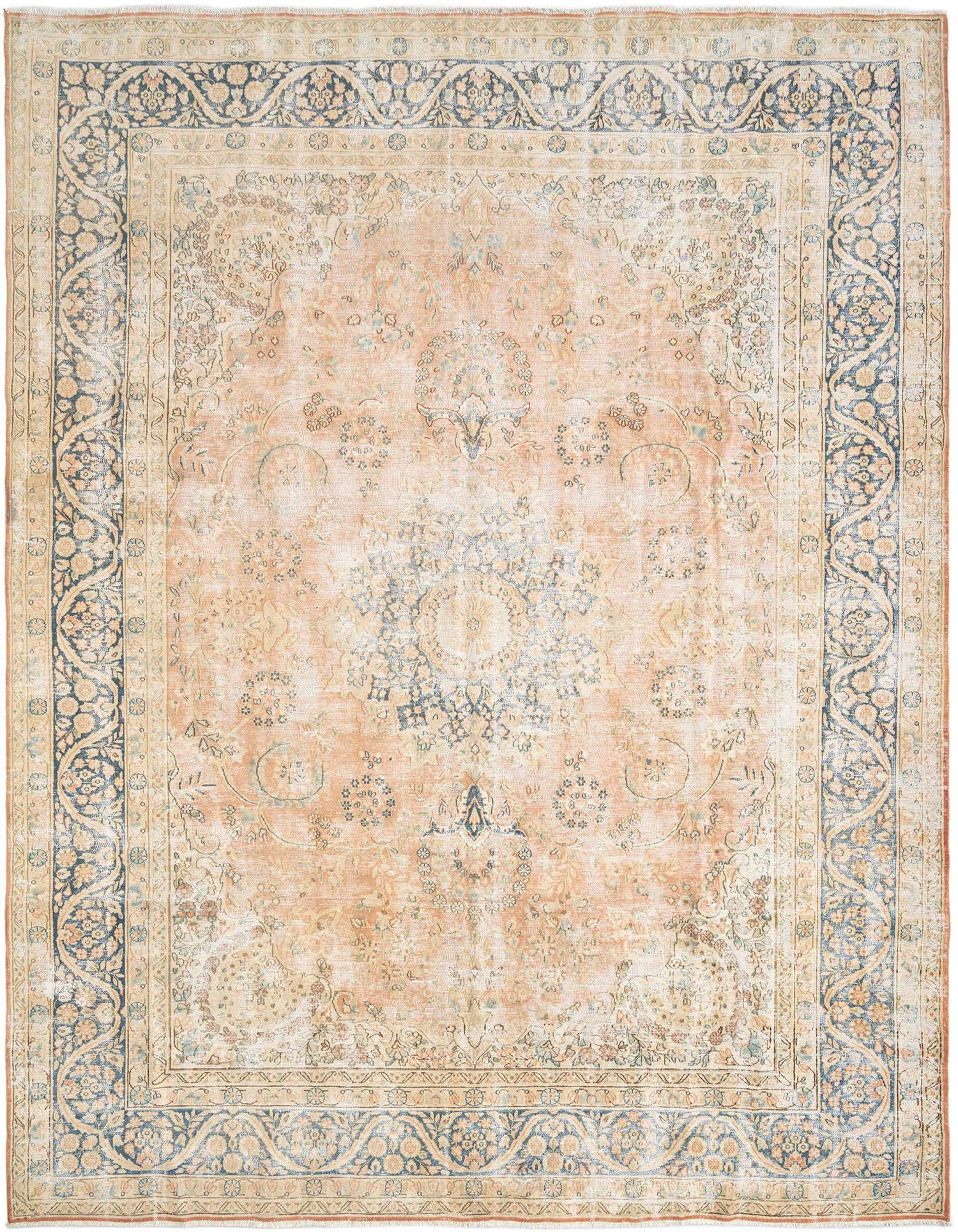 A 9x12 rectangular Persian rug with a faded brown and cream field, featuring intricate floral patterns and a dark blue border.