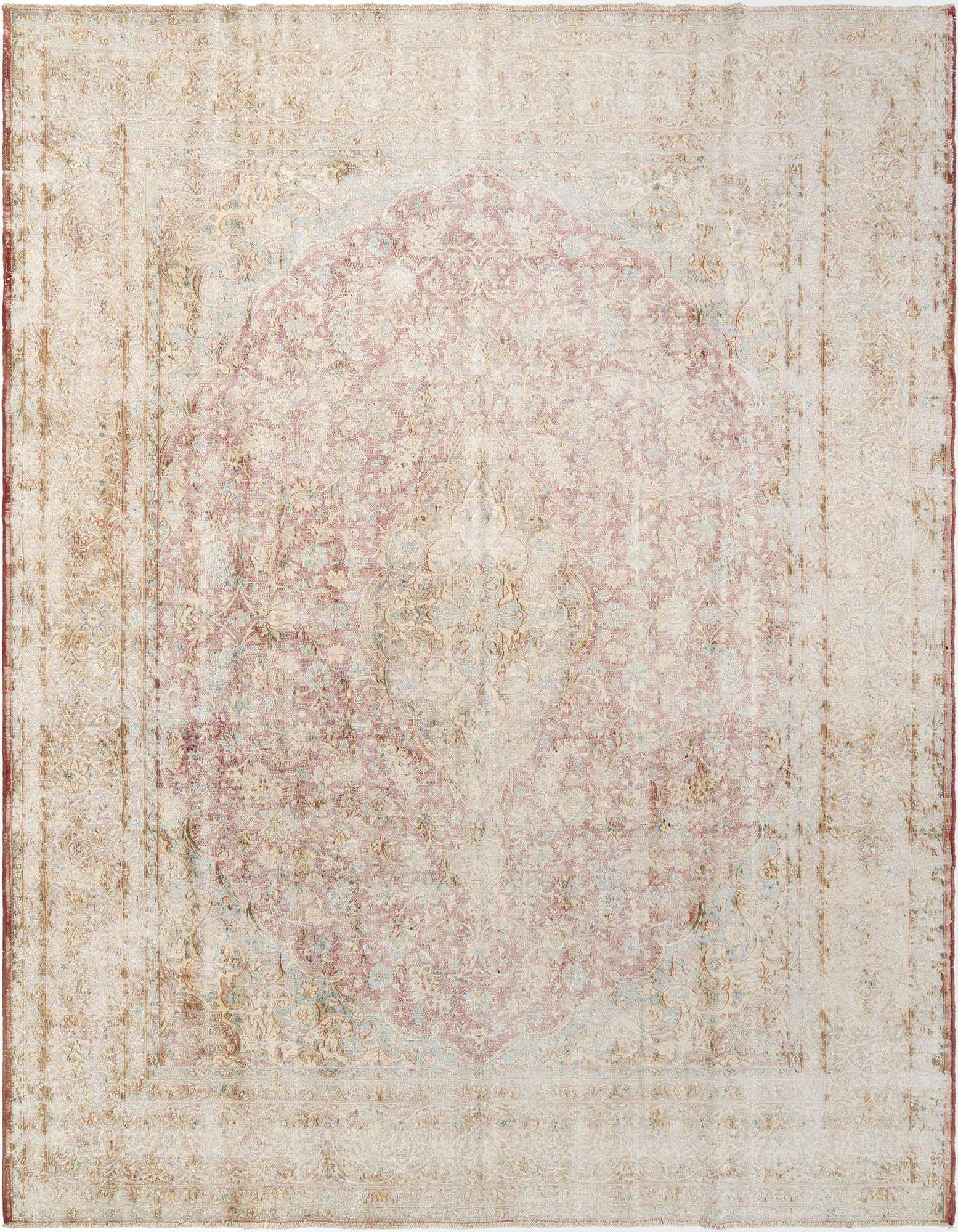 A 10x12 rectangular Persian-style rug with a faded brown and ivory floral medallion design.