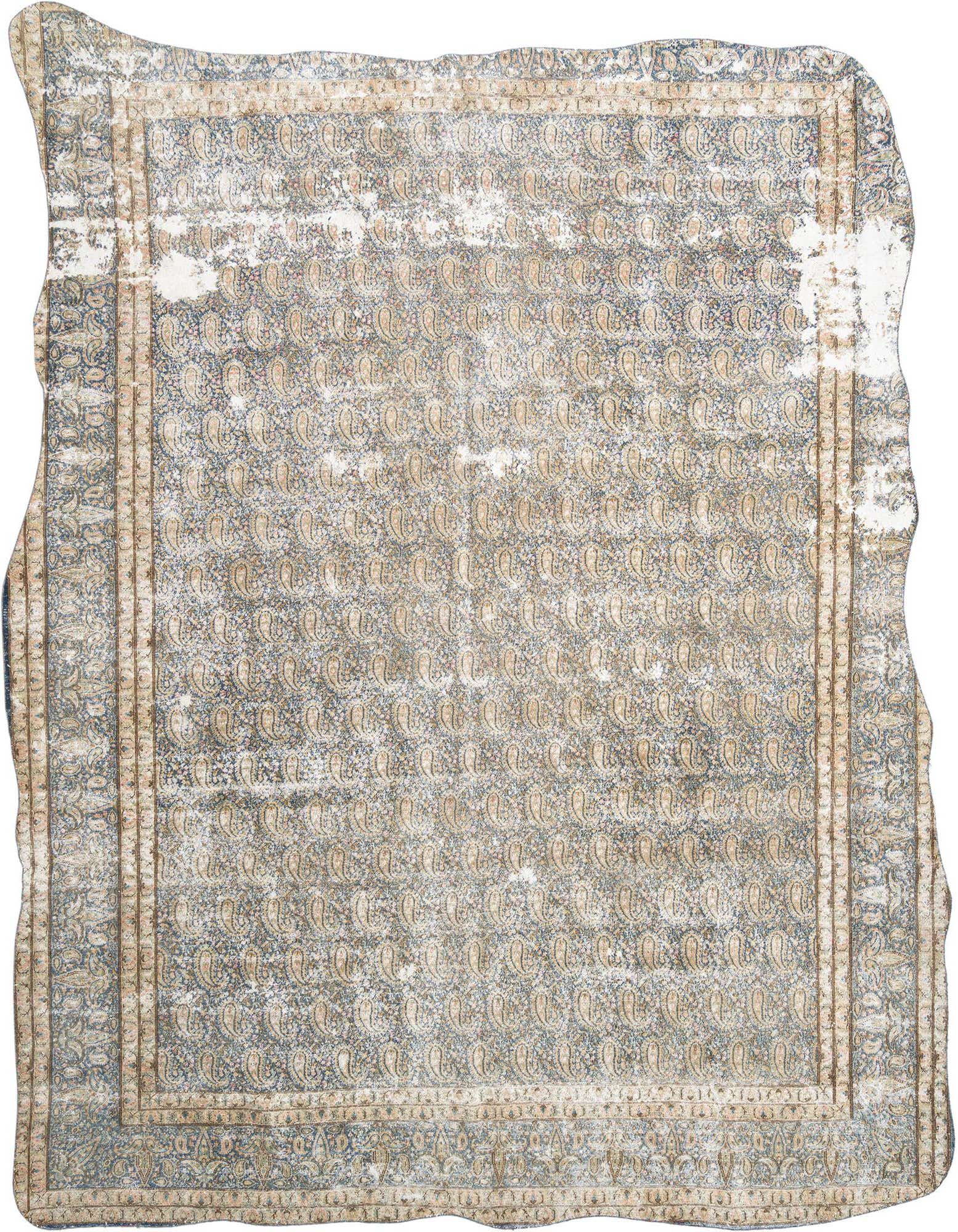 A 10x12 rectangular Rugs.com Vintage Royal Persian rug in browns, tans, and ivories, featuring a distressed paisley pattern and traditional border.