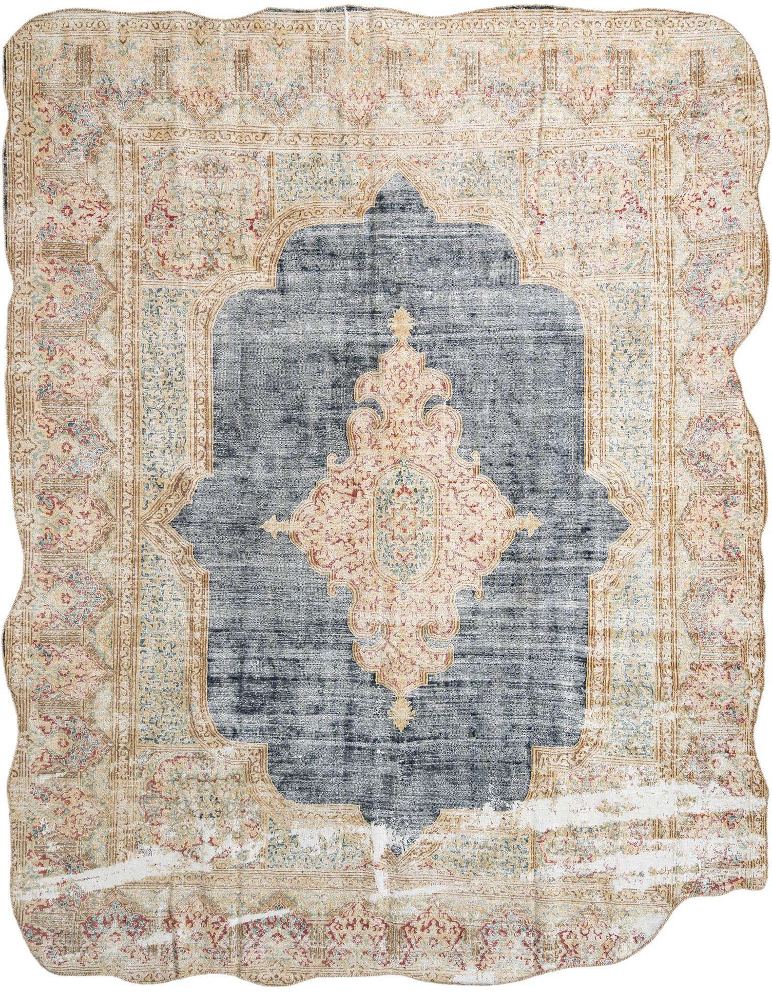 A 9x12 rectangular Persian rug with a faded blue-gray center medallion and an ornate border in browns, tans, and creams.