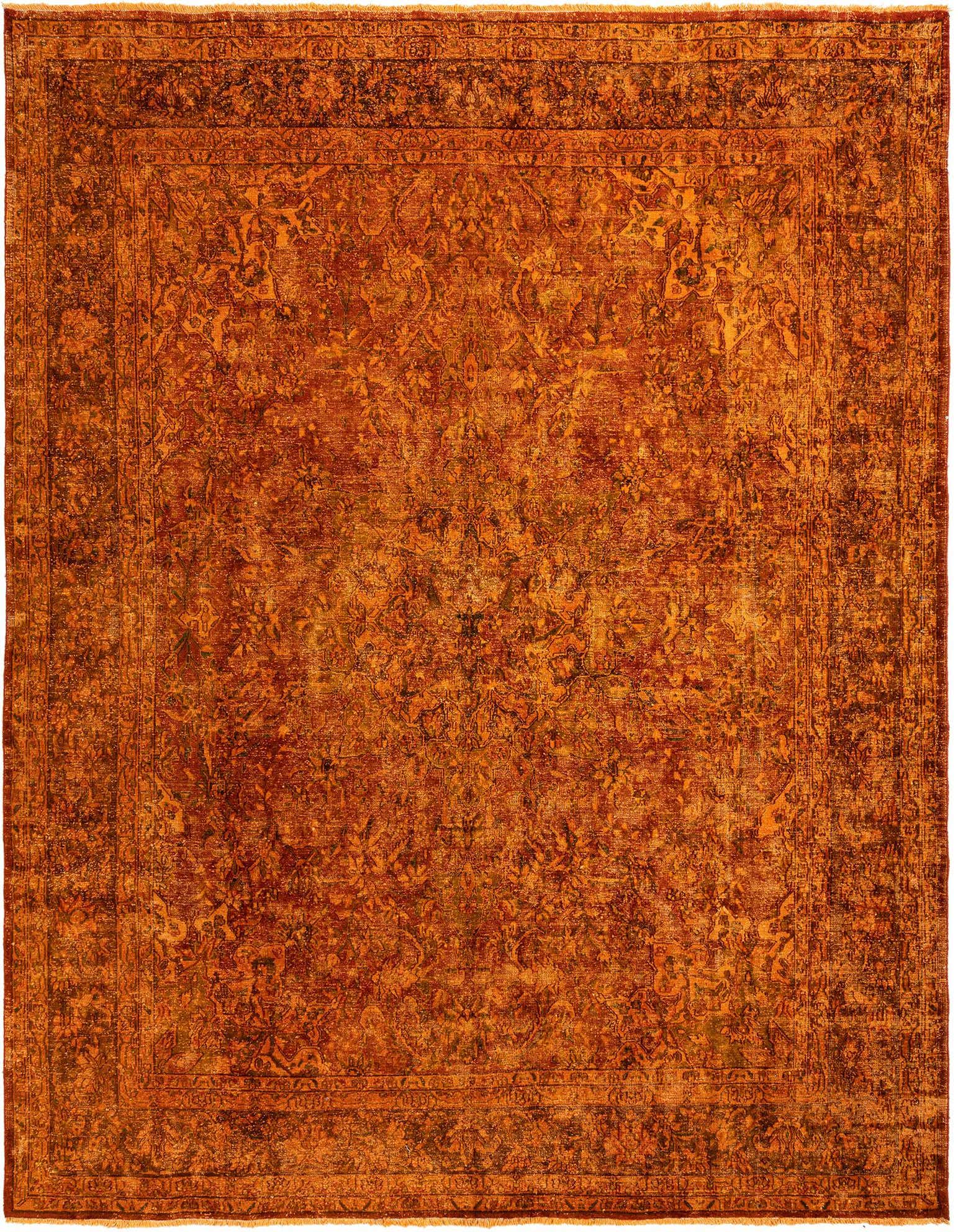 A large 10x12 rectangular Persian rug in rich brown and tan tones with an intricate, distressed floral pattern.