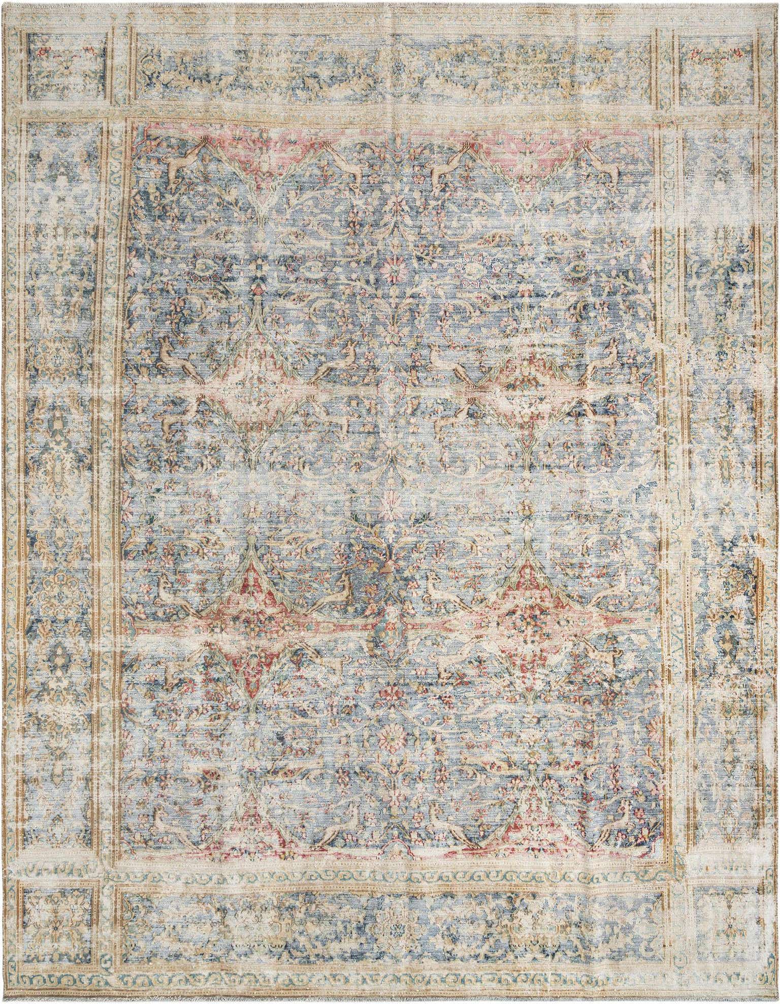 A 9x12 rectangular Persian rug with an aged look, featuring intricate brown, tan, and cream patterns over a muted blue base.