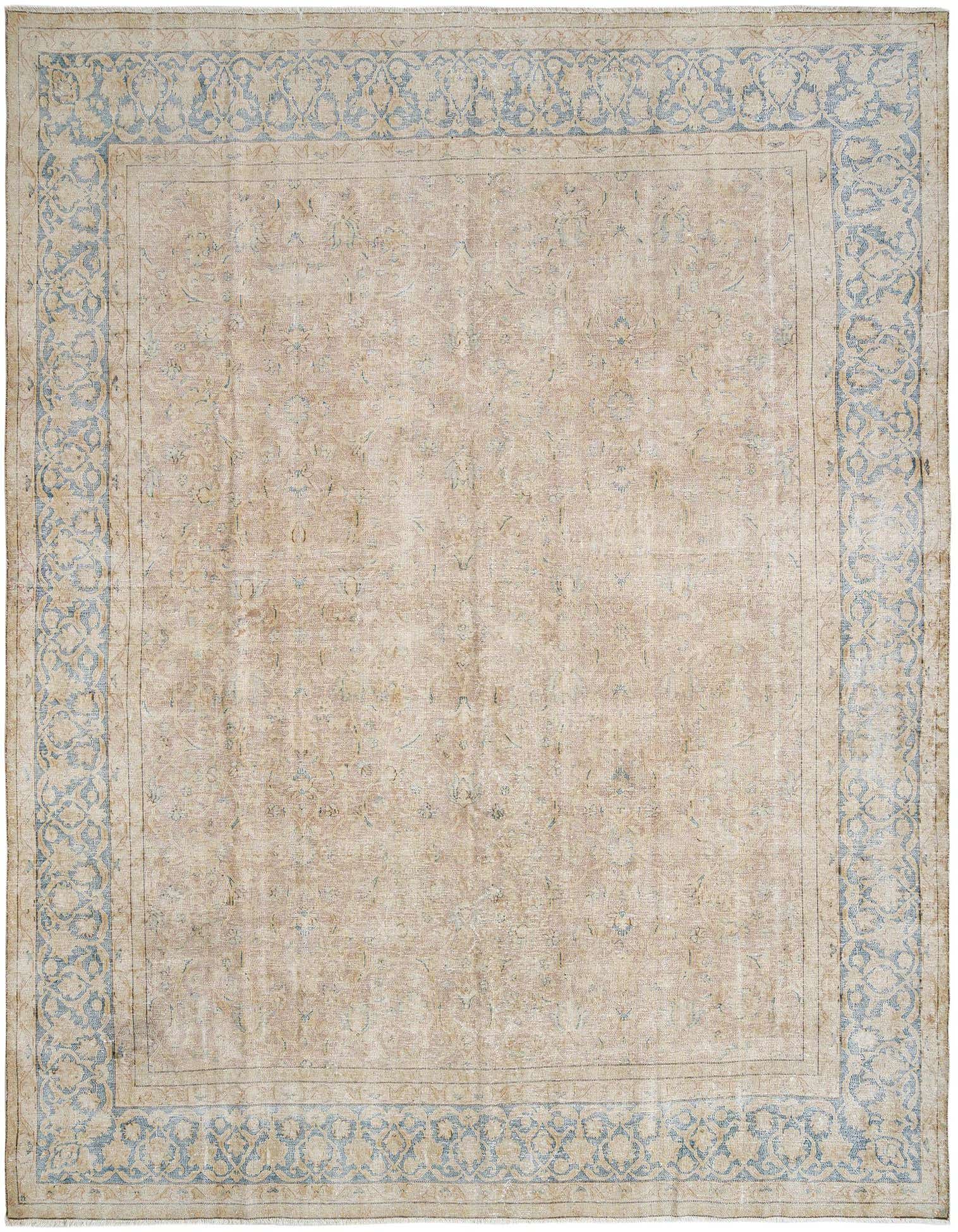 A 10x13 rectangular Persian rug with a faded tan and brown field and an intricate light blue border.