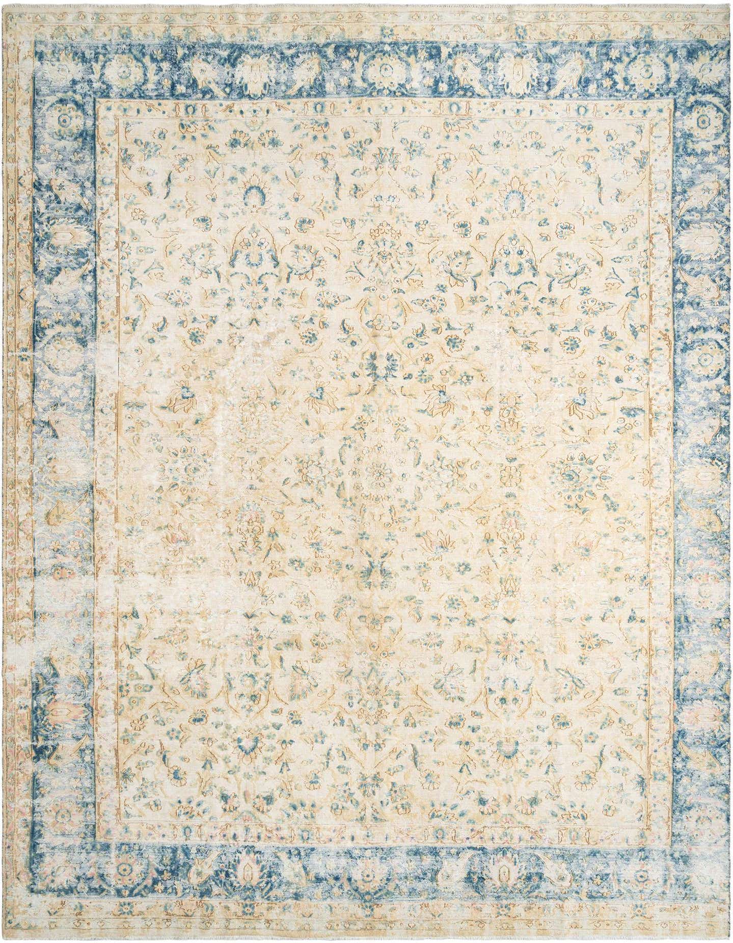 A 9x12 rectangular Persian rug with a cream and tan field and an ornate blue border, featuring intricate floral patterns.