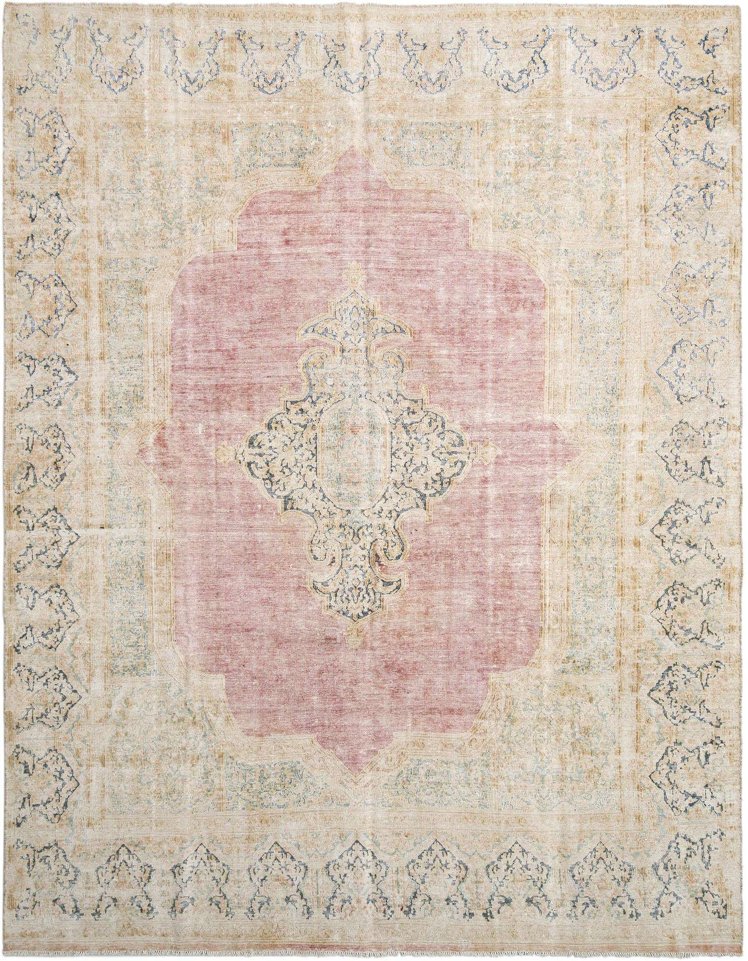 A 10x13 rectangular Persian rug featuring a faded rose pink medallion on a distressed ivory and tan field with blue accents.