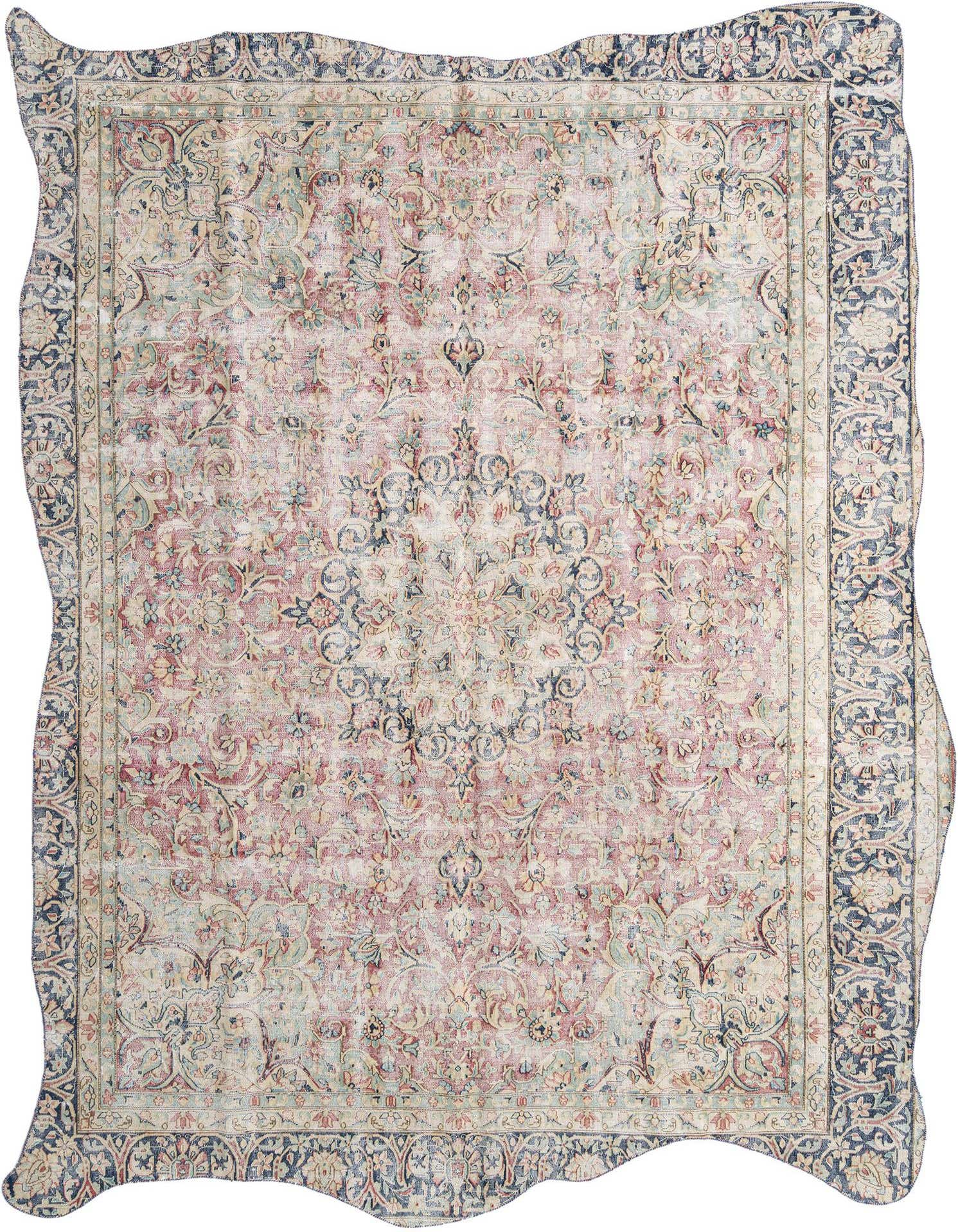 An 8x11 rectangular Persian rug with a faded brown and ivory floral pattern and a dark blue border, suitable for a living room.