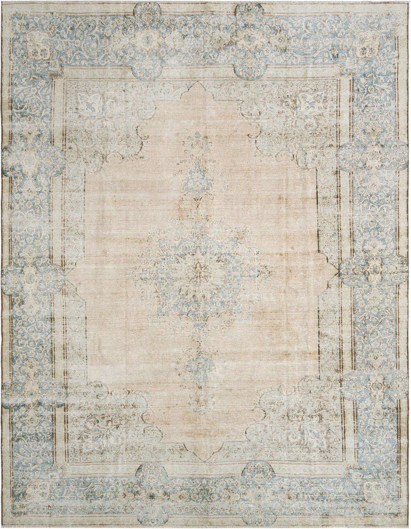 A 9x12 rectangular Rugs.com Vintage Royal Persian rug in shades of brown, tan, and ivory with a faded traditional pattern, perfect for a living room.