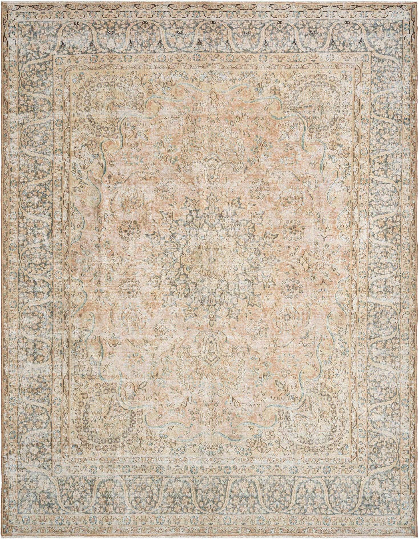 A 10x13 rectangular Persian rug in shades of brown, tan, and cream with an intricate floral medallion pattern and border.