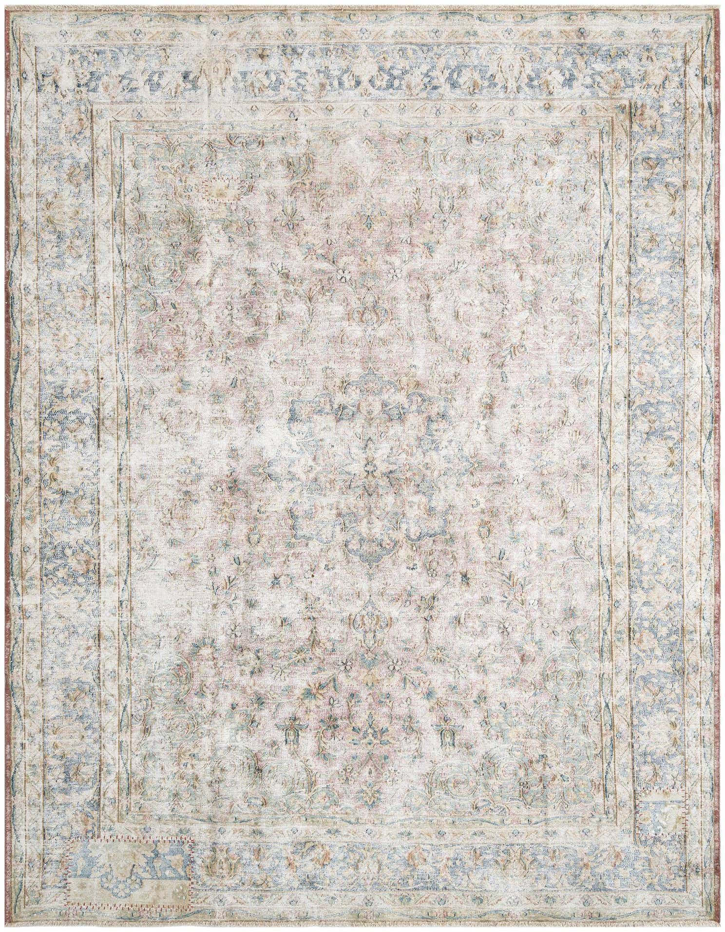 An 8x11 rectangular Persian rug with a faded vintage look, featuring intricate floral patterns in browns, tans, ivories, and creams, ideal for a living room.