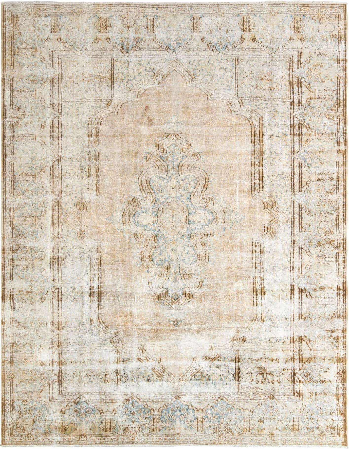 A 9x12 rectangular Persian rug with a faded design in browns, tans, creams, and light blue, featuring an ornate central medallion and border.