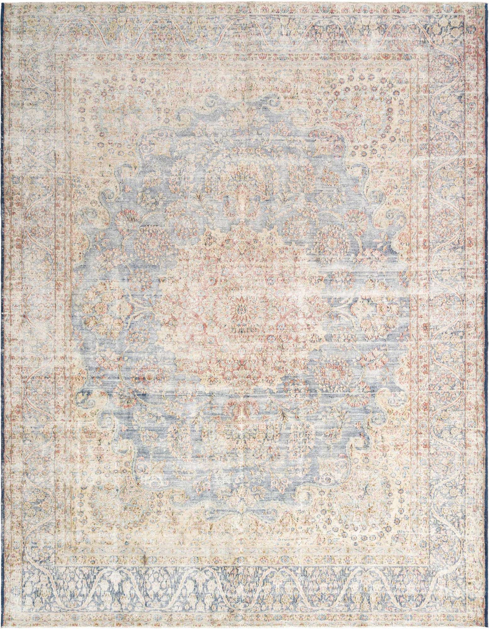 A large 10x12 rectangular Persian rug in distressed browns, tans, and ivories, featuring a faded traditional medallion pattern.