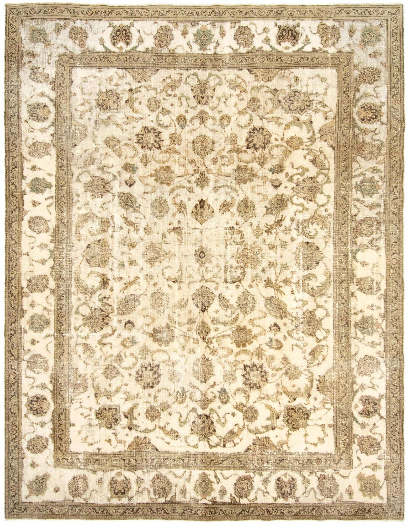 A 10x12 rectangular Vintage Royal Persian rug with an ivory field and intricate brown and tan floral patterns.