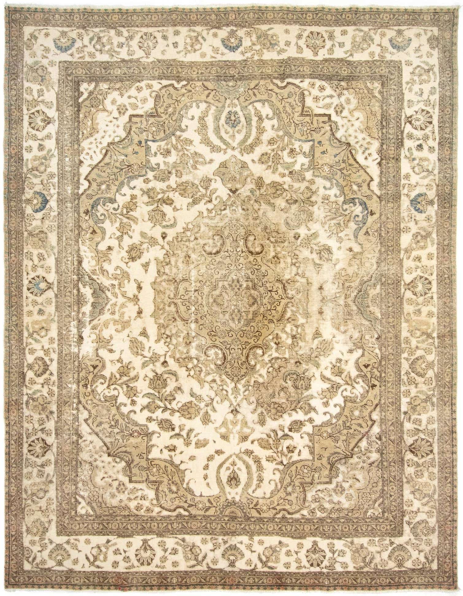 A 10x13 rectangular Persian rug in shades of brown, tan, and ivory, featuring an ornate floral medallion pattern.