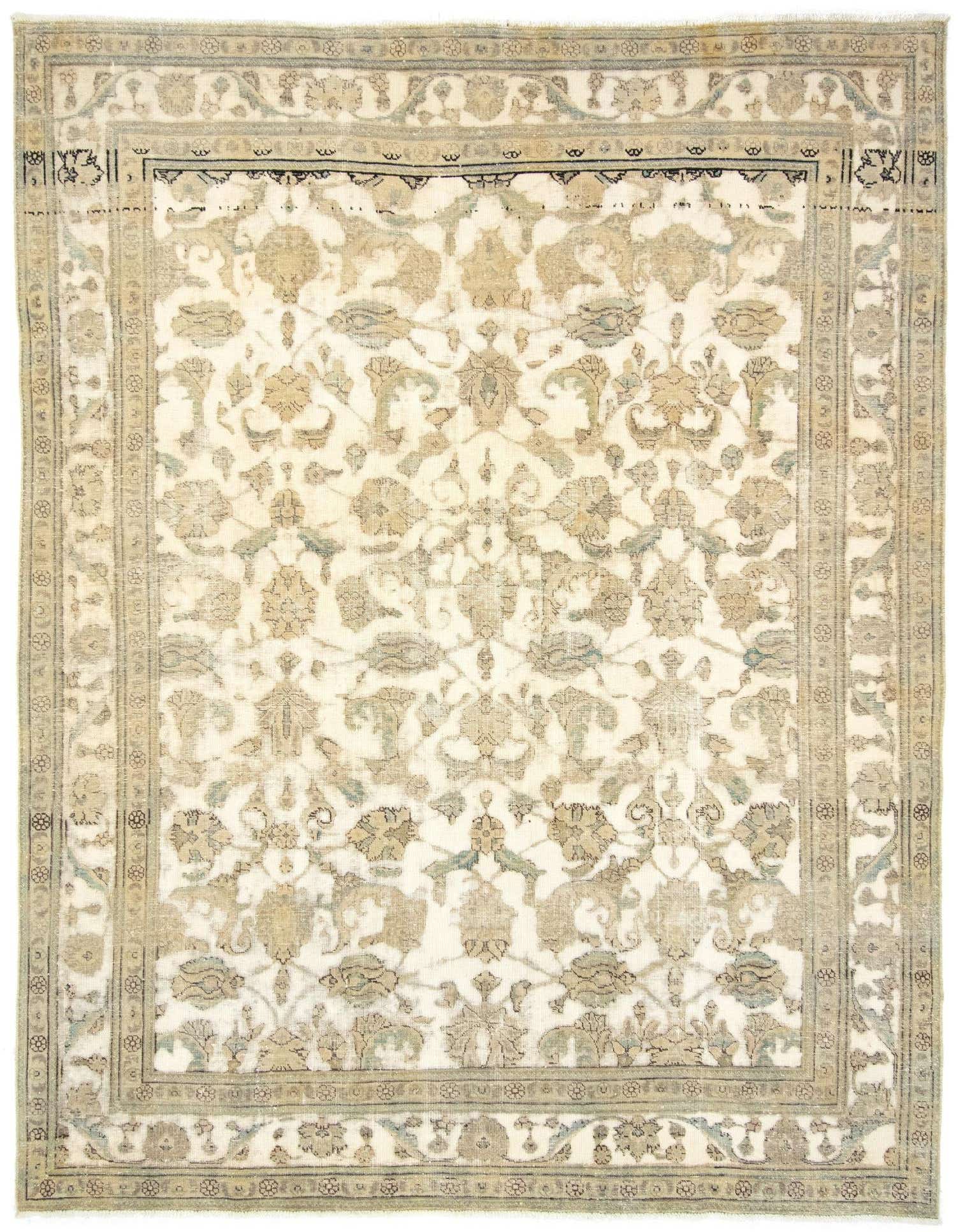 An 8x11 rectangular Vintage Royal Persian wool rug in ivory and tan with an intricate floral pattern and border.