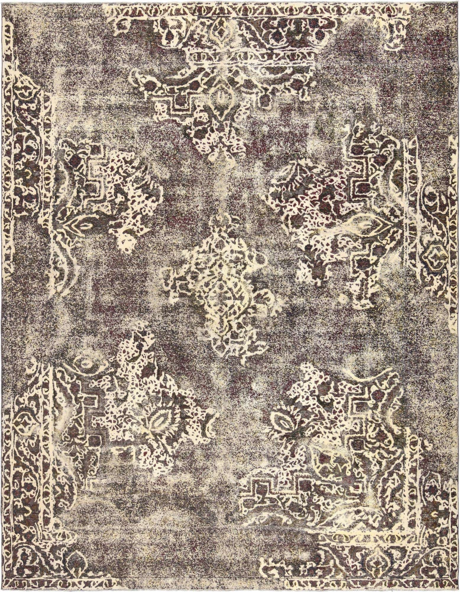 A 9x12 rectangular brown Persian rug with an ivory distressed traditional pattern, ideal for a living room.