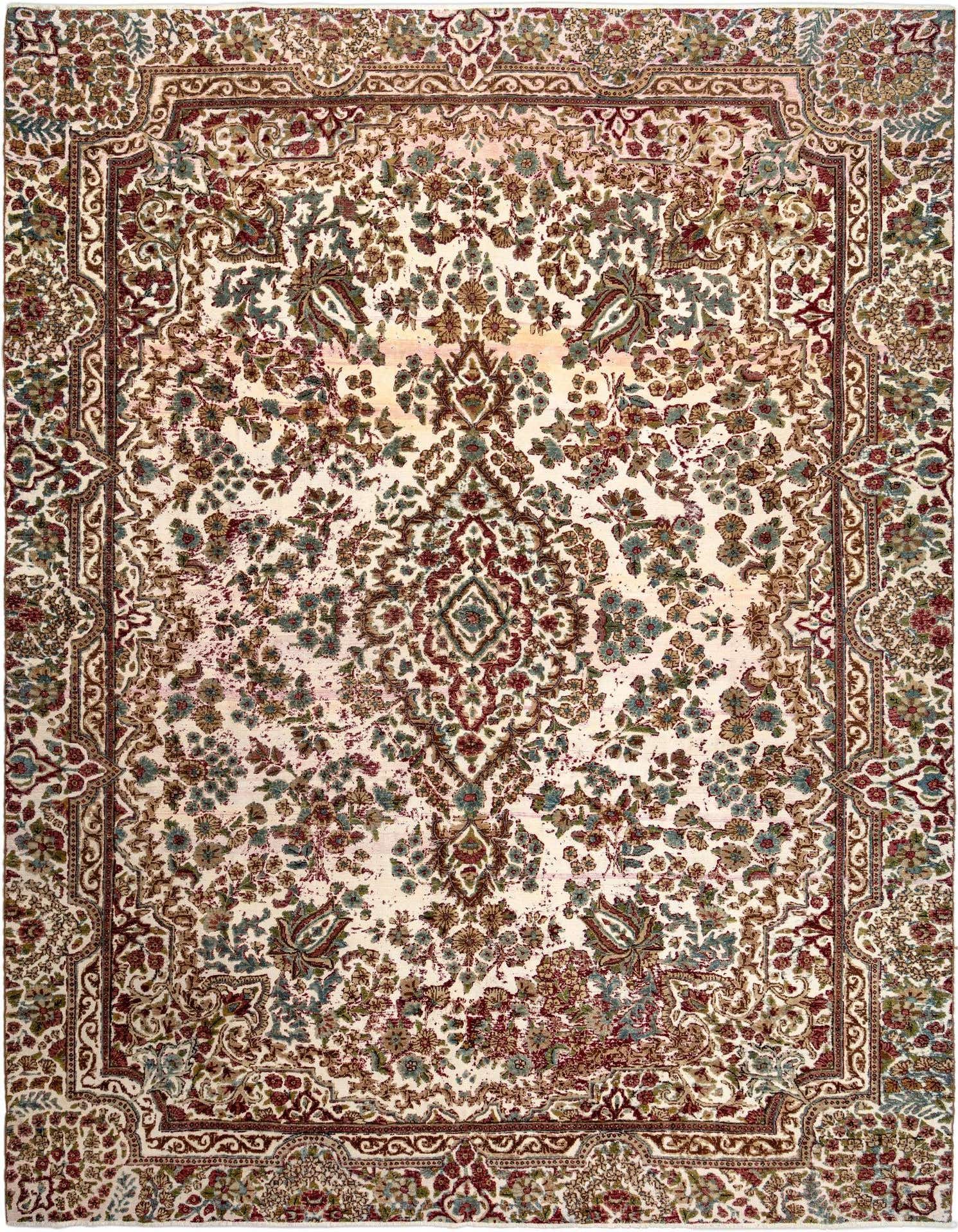 A 9x12 rectangular Persian rug with a cream background, featuring an intricate floral pattern in shades of brown, tan, and muted teal.