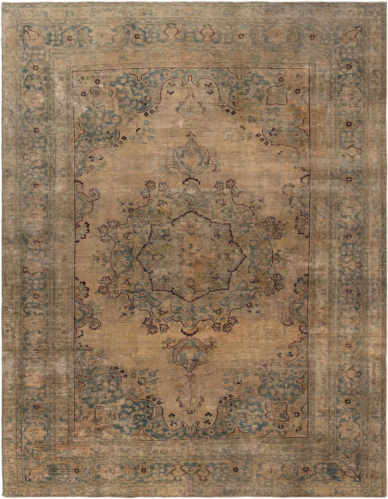 A 6x9 rectangular Vintage Royal Persian rug featuring an aged tan and brown field with faded teal and dark brown traditional patterns and a matching border.