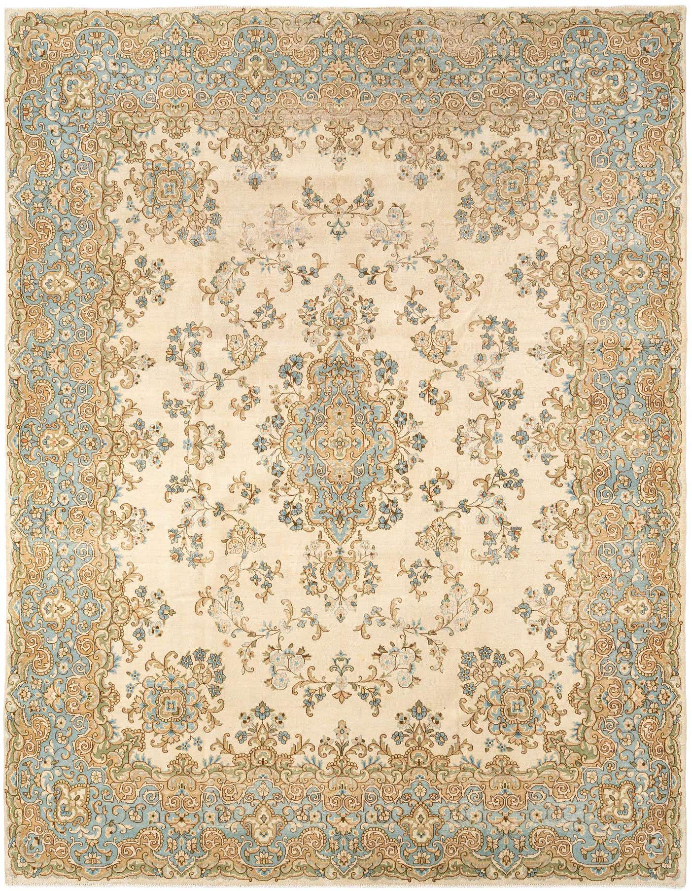 A 9x12 rectangular Rugs.com Vintage Royal area rug with a cream field and intricate traditional floral patterns in light blue and tan.
