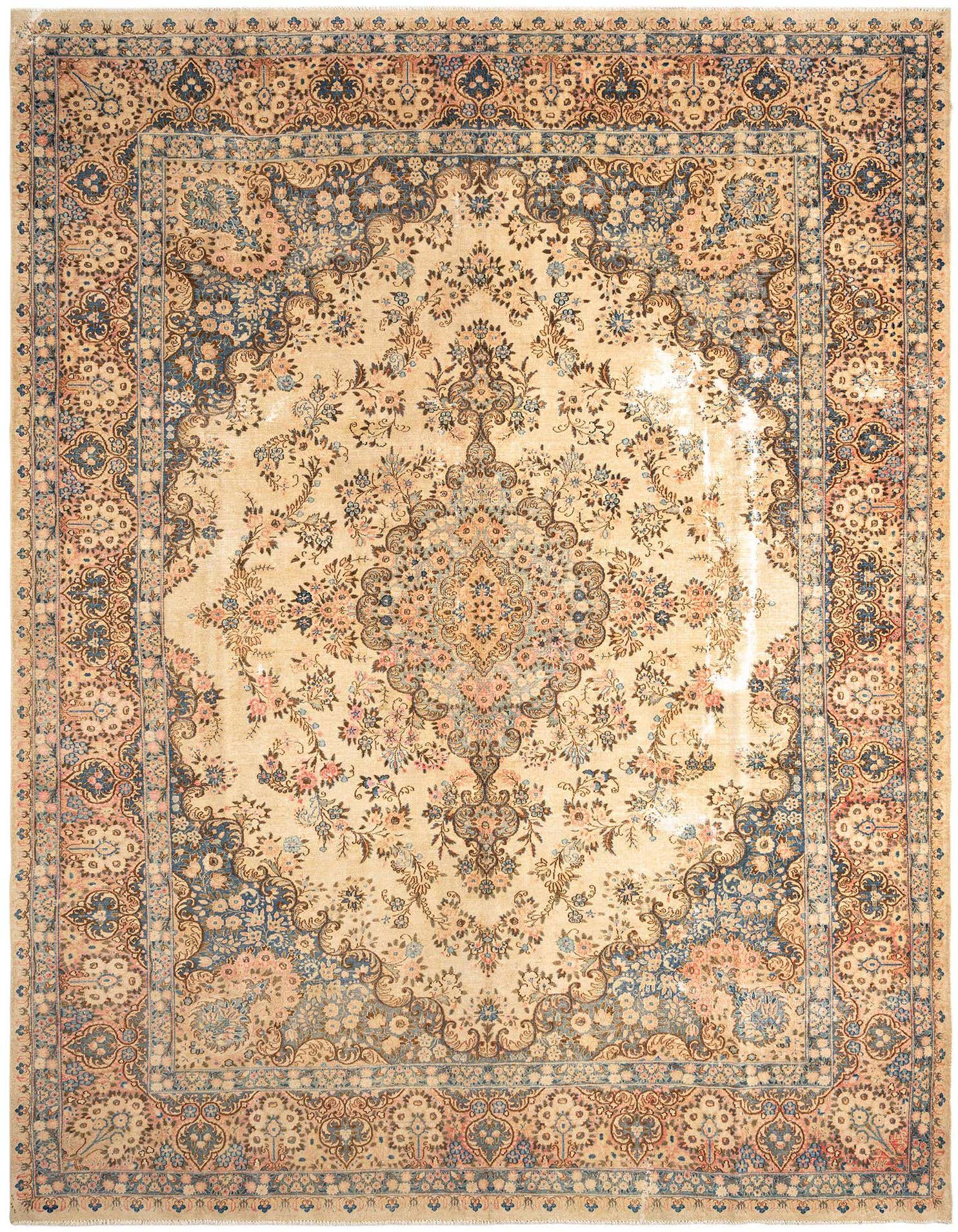 A 10x14 rectangular Persian wool rug featuring a central medallion and intricate floral patterns in shades of brown, tan, ivory, and cream.