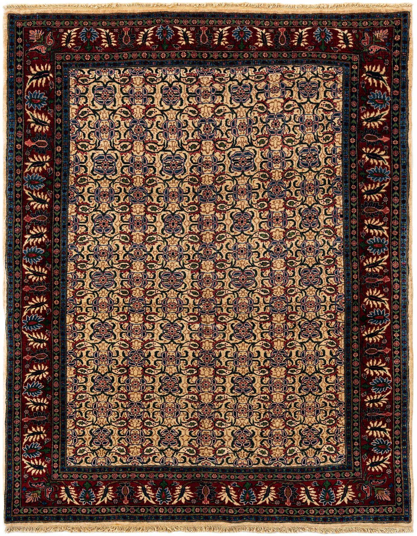 A 4x6 rectangular handmade wool rug with a cream and tan field and a dark red border, featuring intricate traditional floral patterns in blue, green, and red.