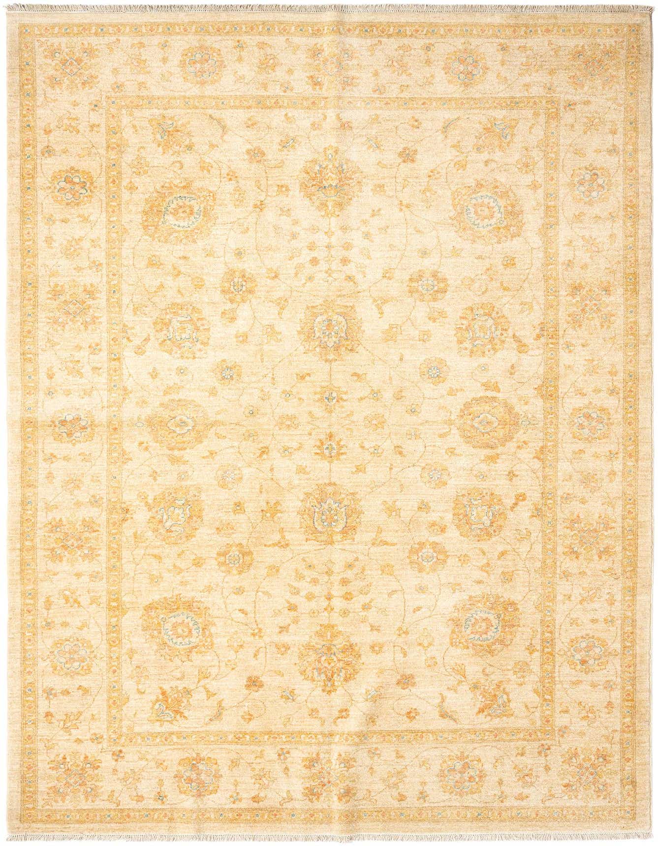 A rectangular 7x10 Ziegler Persian rug in ivory and tan with an intricate floral pattern and border.