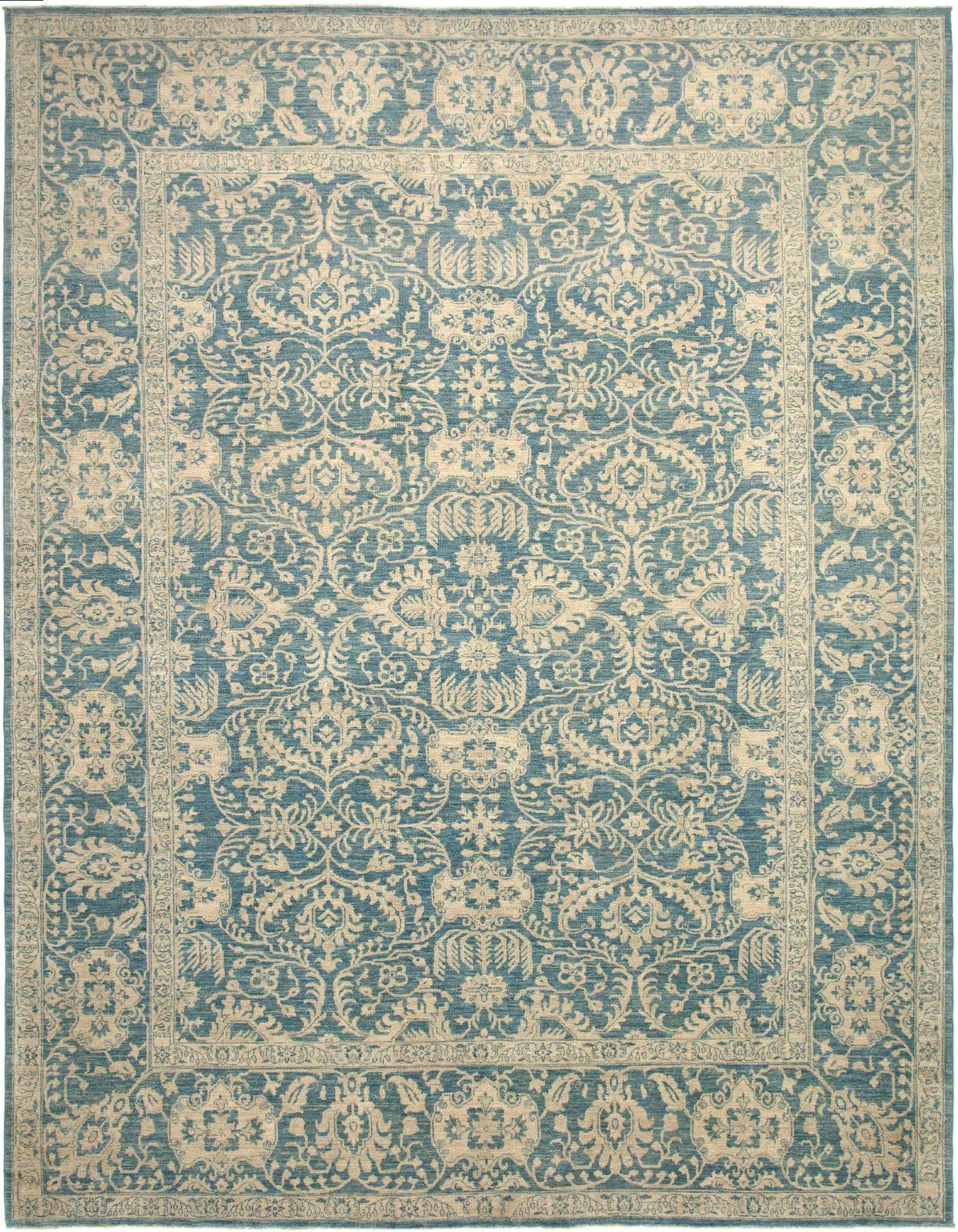 A 9x12 rectangular Ziegler Persian area rug featuring intricate ivory floral patterns on a rich teal-blue background, with a detailed border.