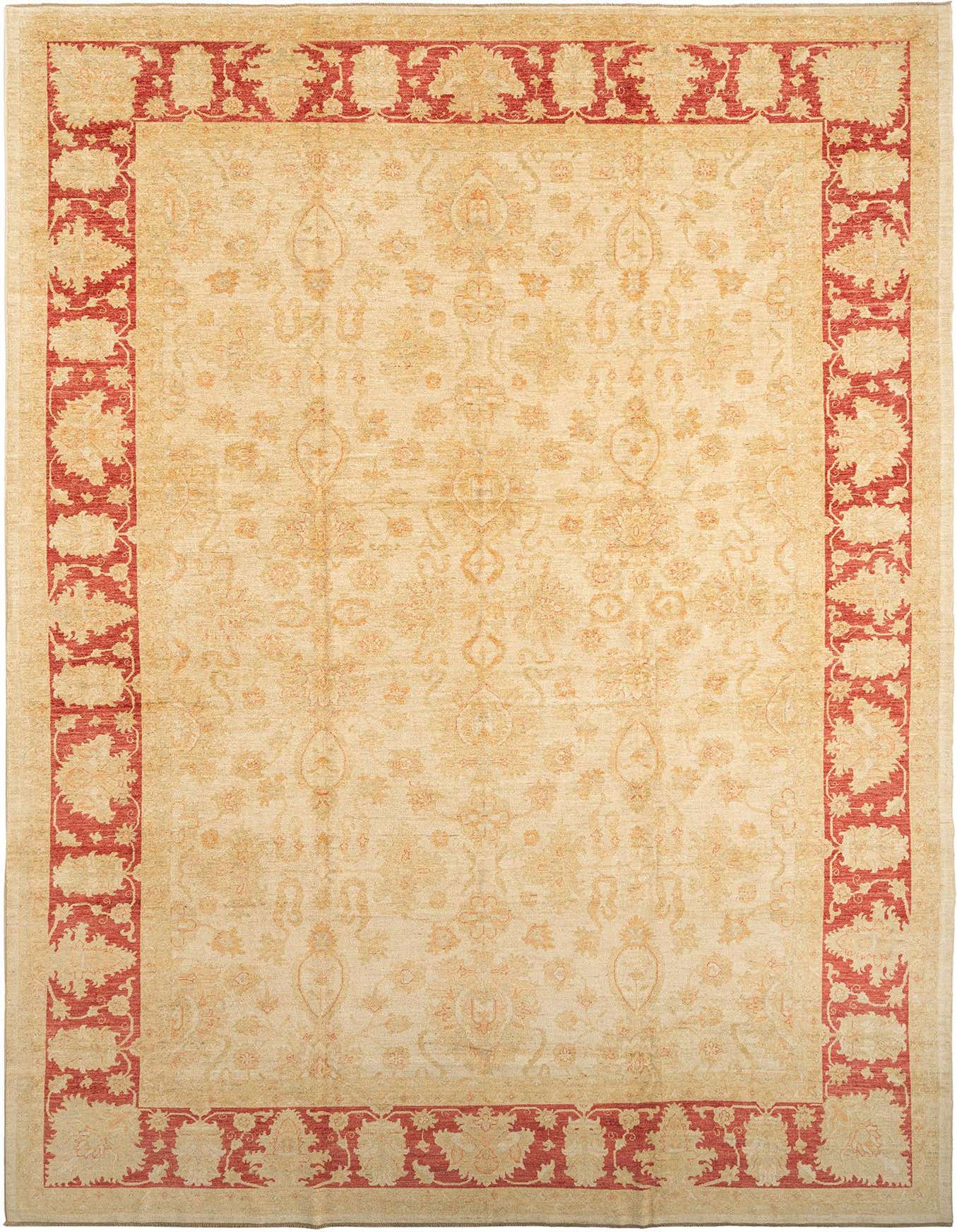 A large 12x16 rectangular Persian rug with a cream and tan field featuring subtle floral motifs, framed by a bold red-orange border with intricate patterns.