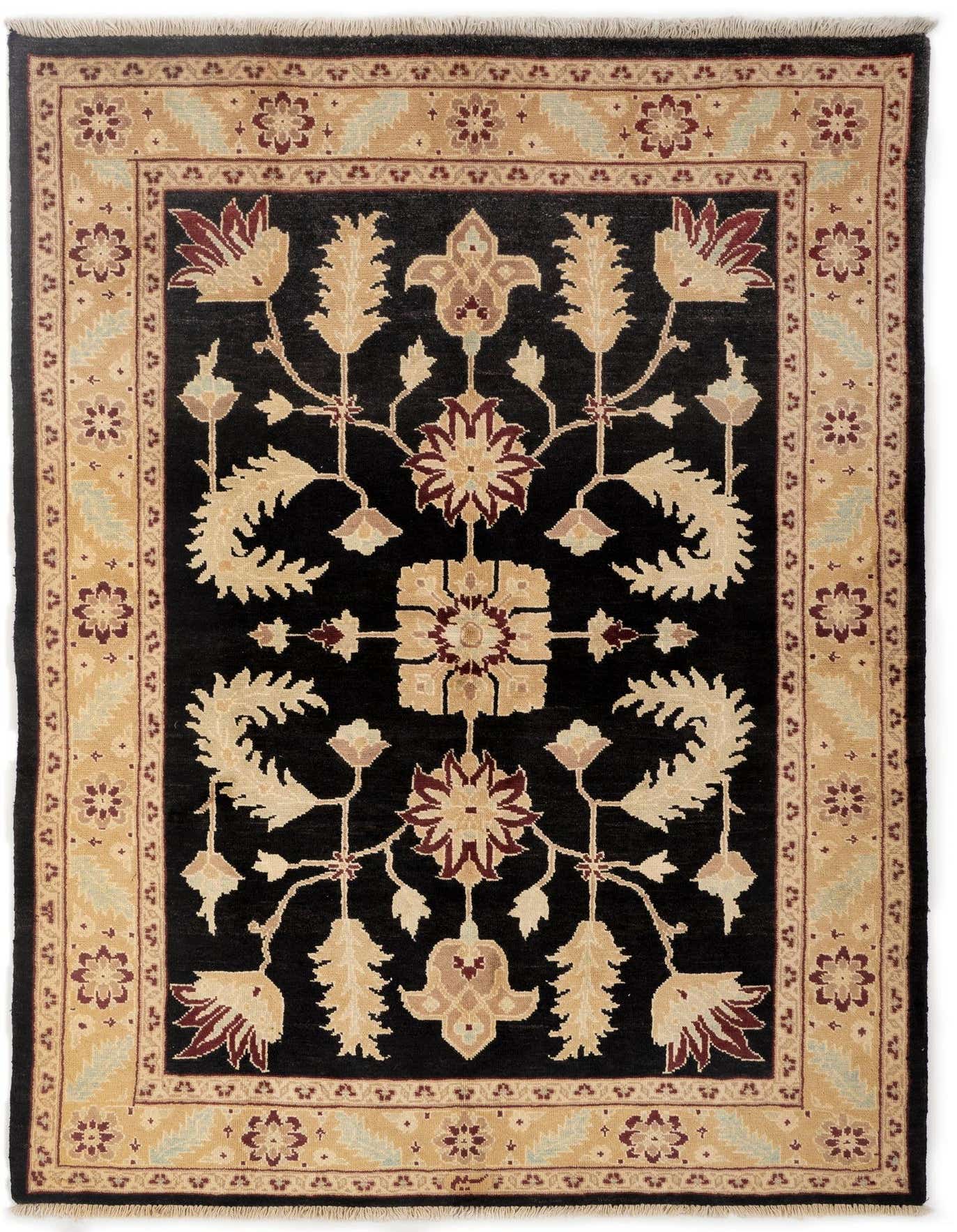 A 5x8 rectangular Ziegler Persian rug with a black field and an intricate floral pattern in tan, cream, and burgundy, bordered by a wide tan frame.