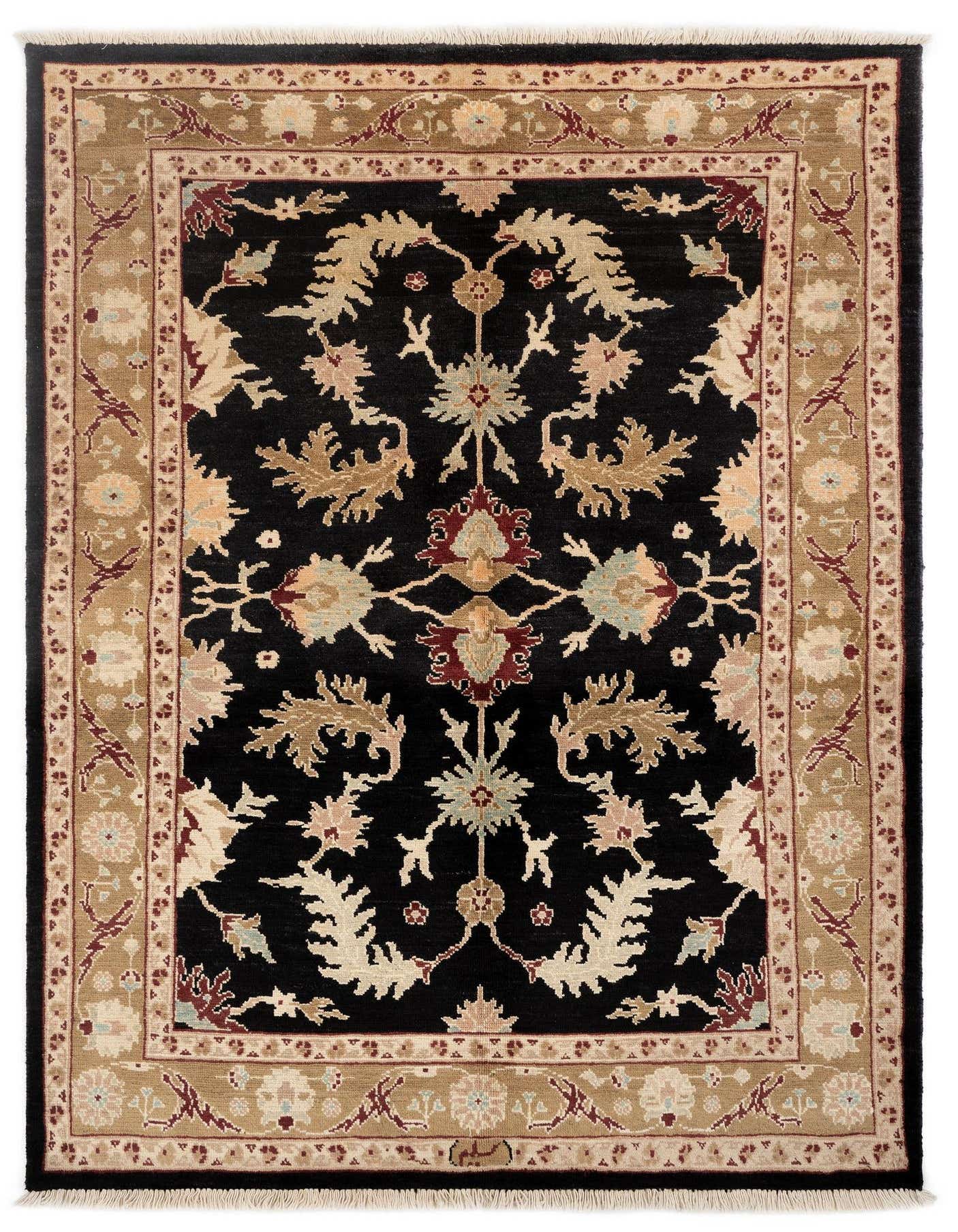 A rectangular 5x8 Persian rug with a black field and a tan border, featuring intricate floral and vine patterns in cream, red, and light blue.