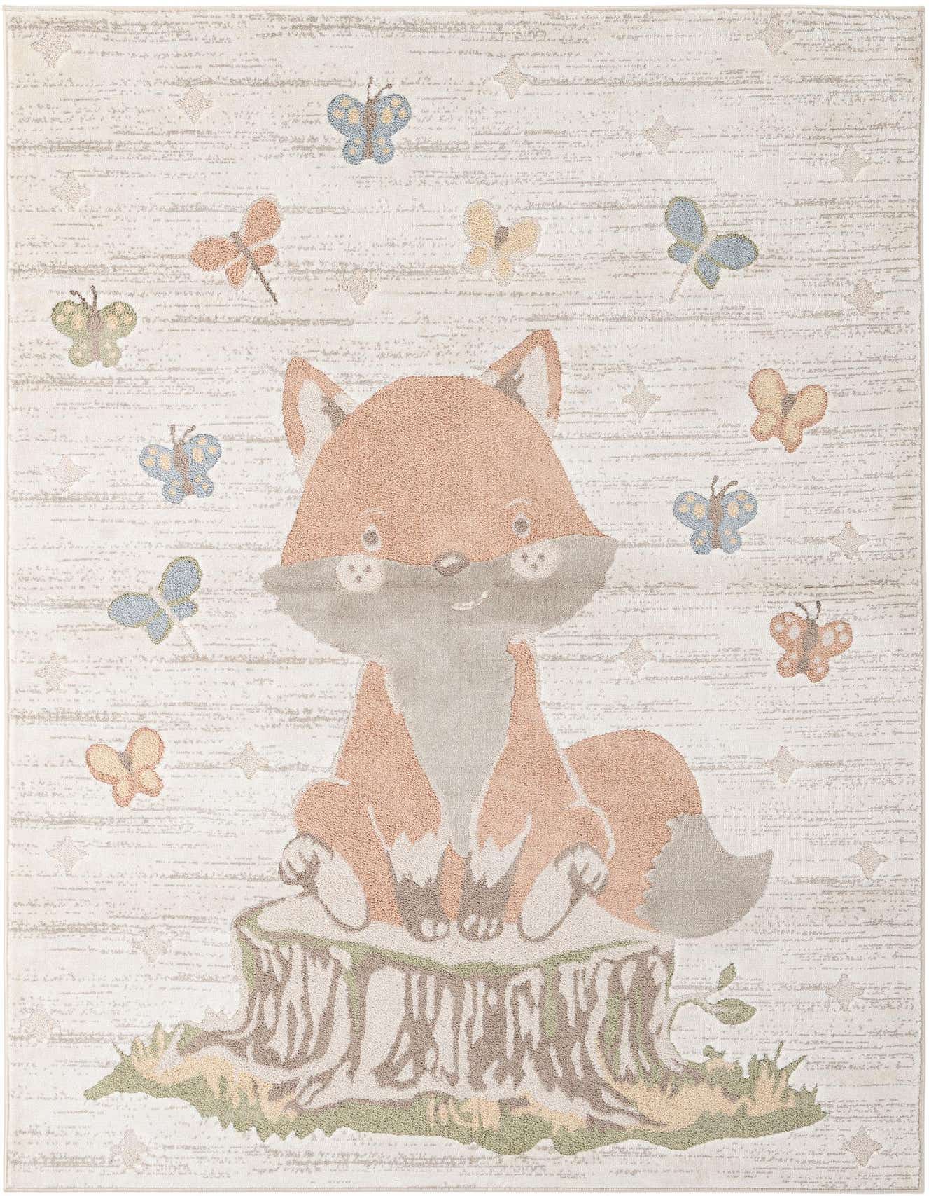 A rectangular 5x7 kids' rug featuring a cute orange and grey fox sitting on a tree stump, surrounded by colorful butterflies on a cream background.