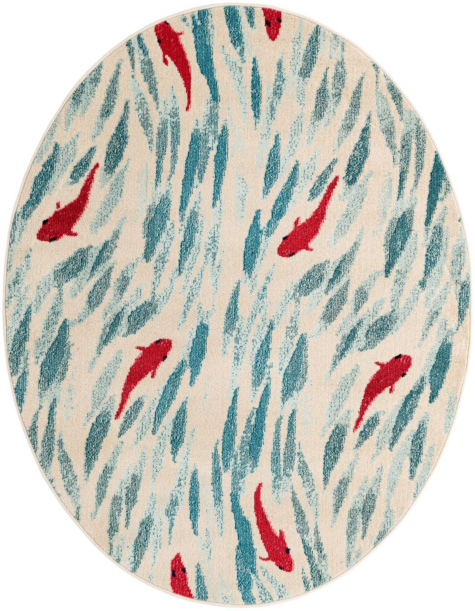 Round cream rug with an abstract pattern of teal brushstrokes and scattered red fish, evoking a playful underwater scene.