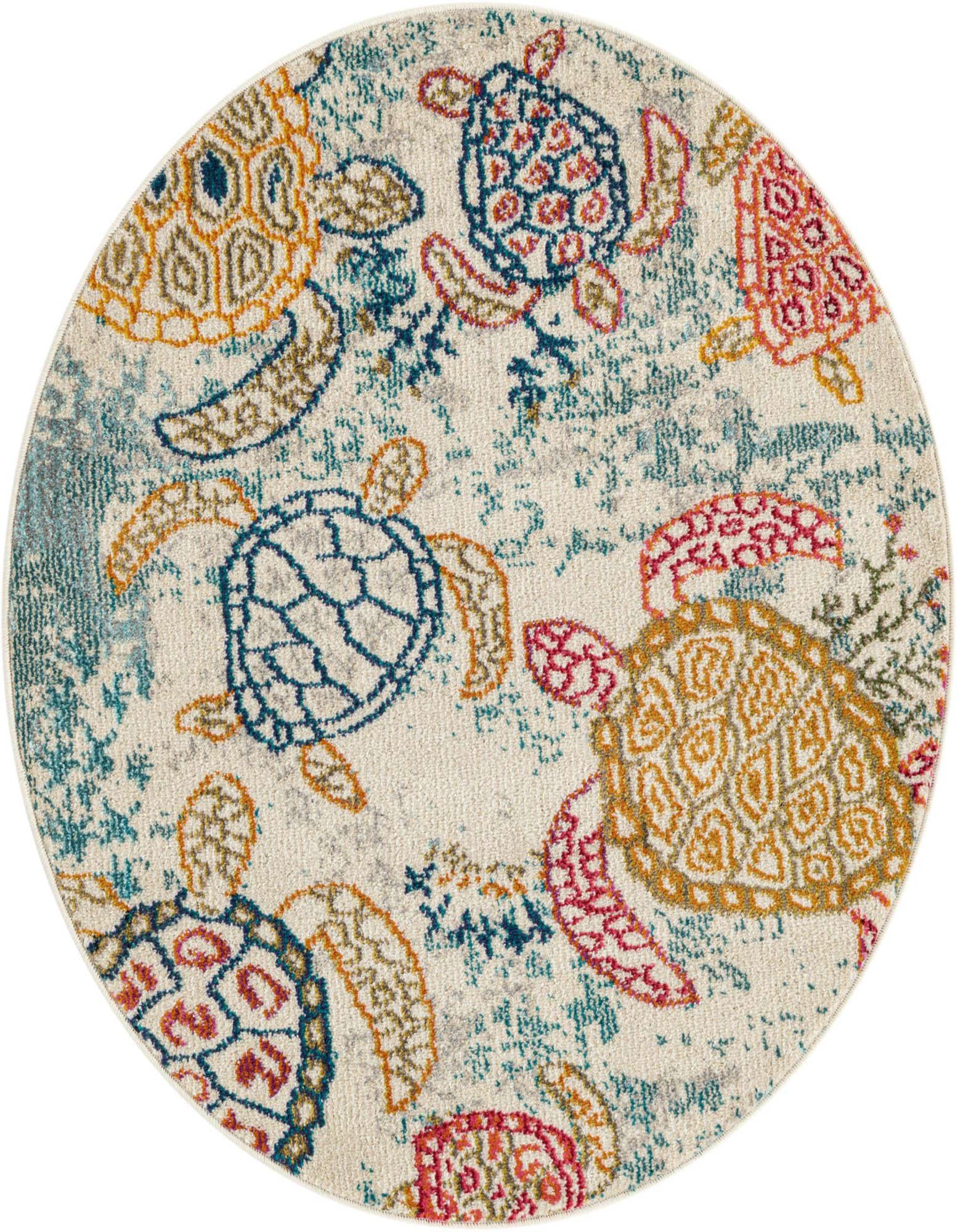 A round, cream-colored rug with a playful pattern of colorful sea turtles in shades of blue, orange, red, and brown.