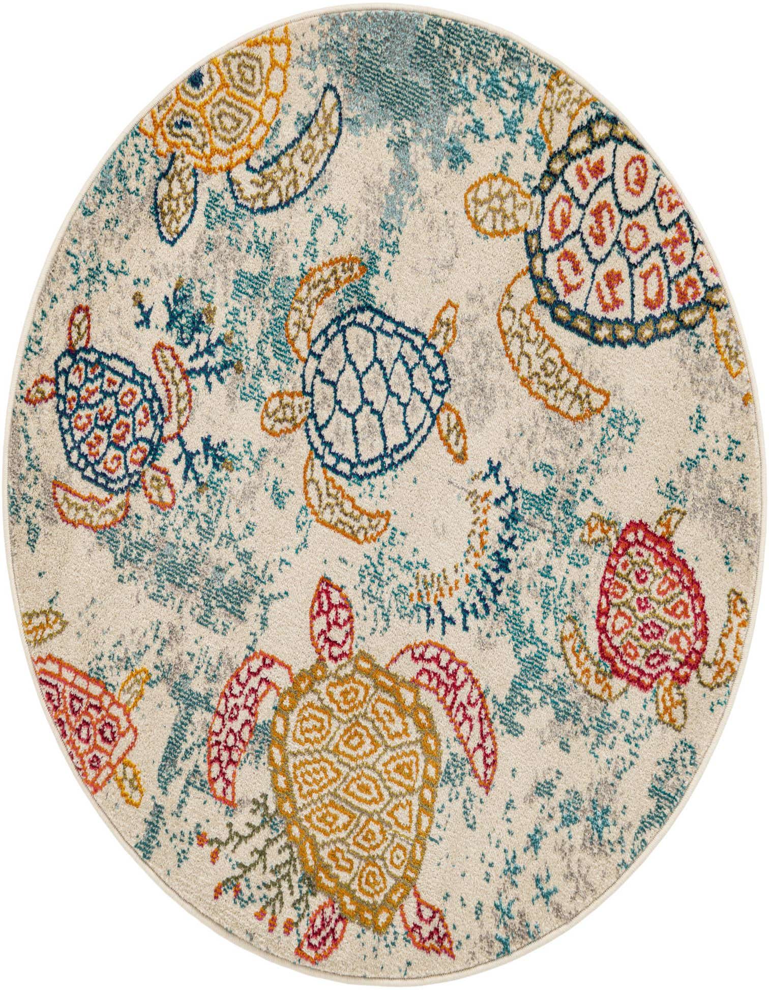 A round, cream-colored rug with a playful pattern of colorful sea turtles in shades of blue, orange, and red, suitable for a child's room.