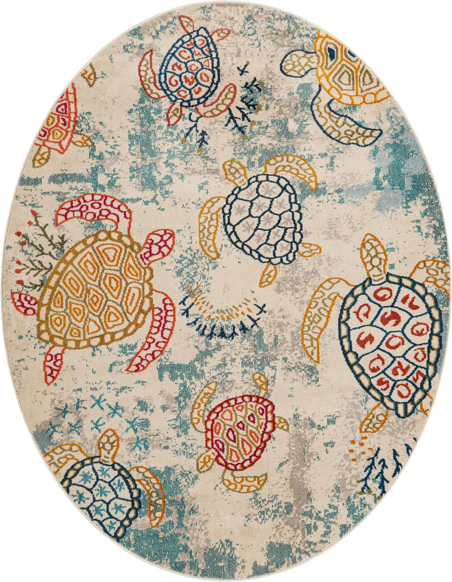 A round, cream-colored rug featuring a playful coastal design with colorful sea turtles and abstract blue and brown accents.