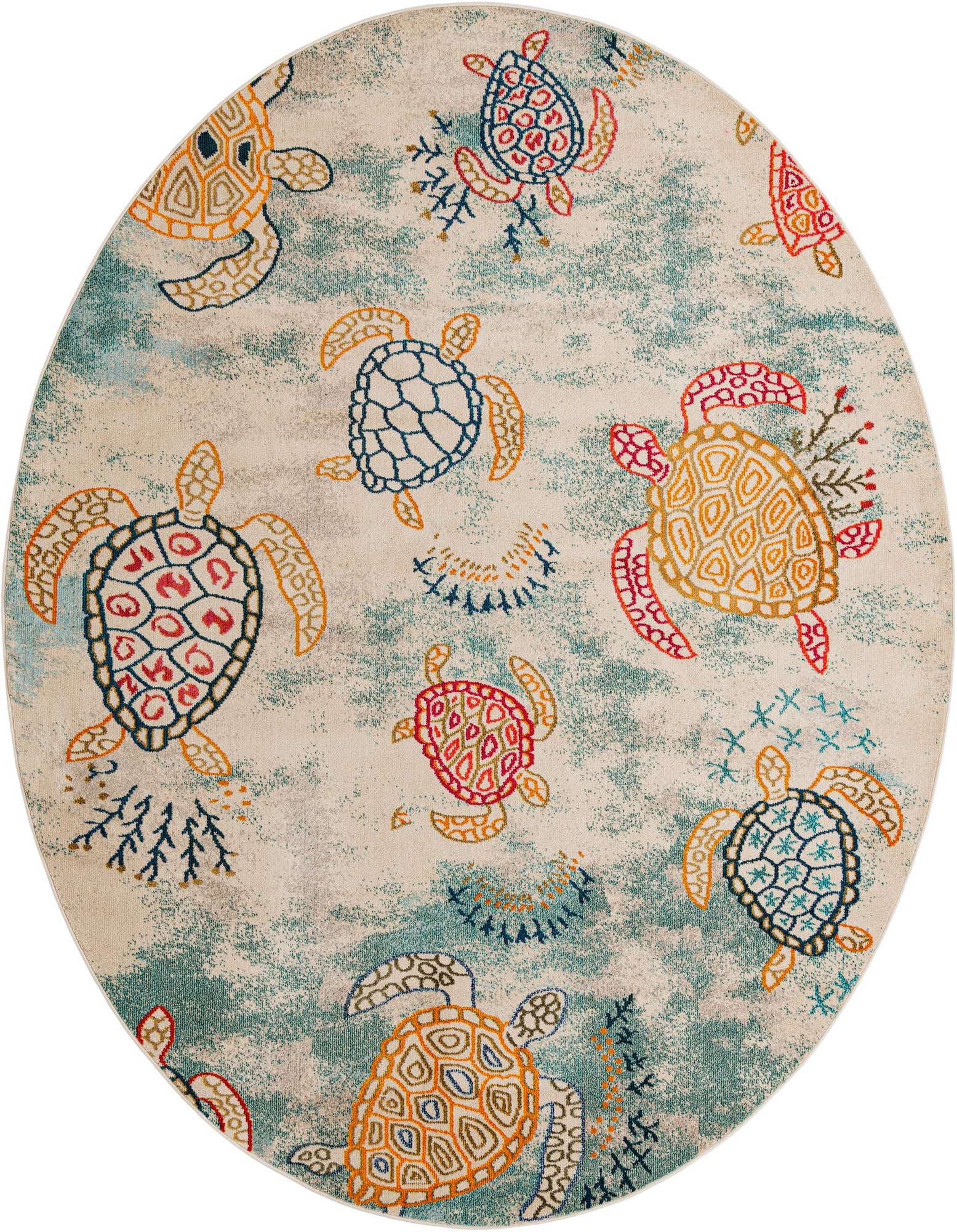 A round 10' 0 x 10' 0 Rugs.com Amalfi rug with a playful pattern of colorful sea turtles and coral on a cream and teal background.