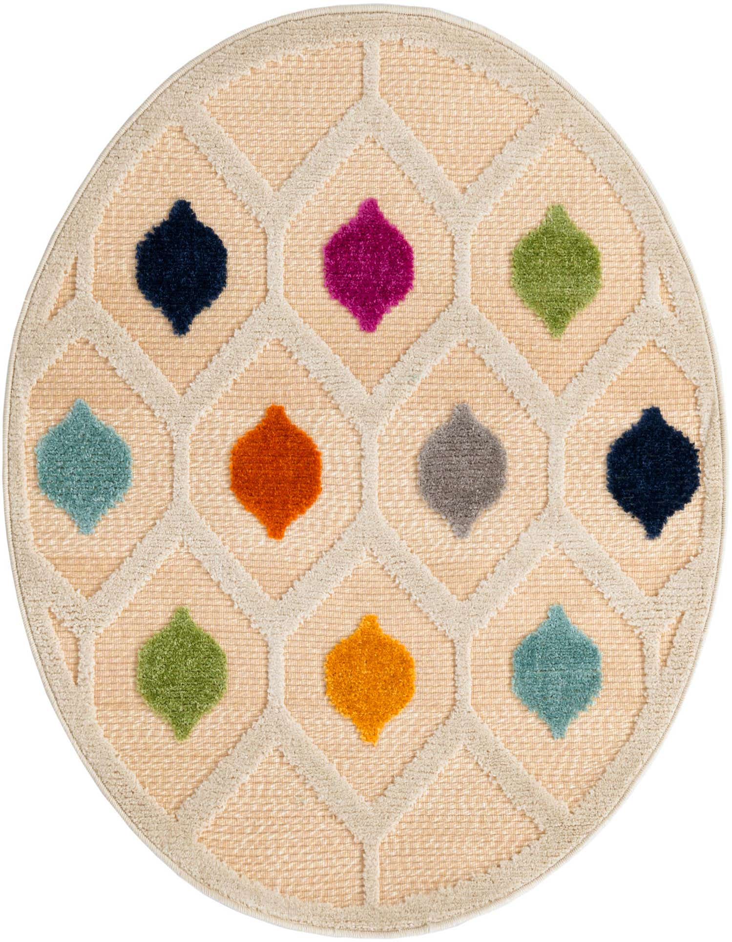 A 3' 3 x 3' 3 round Aruba Outdoor rug with a cream trellis pattern and colorful bohemian accents.