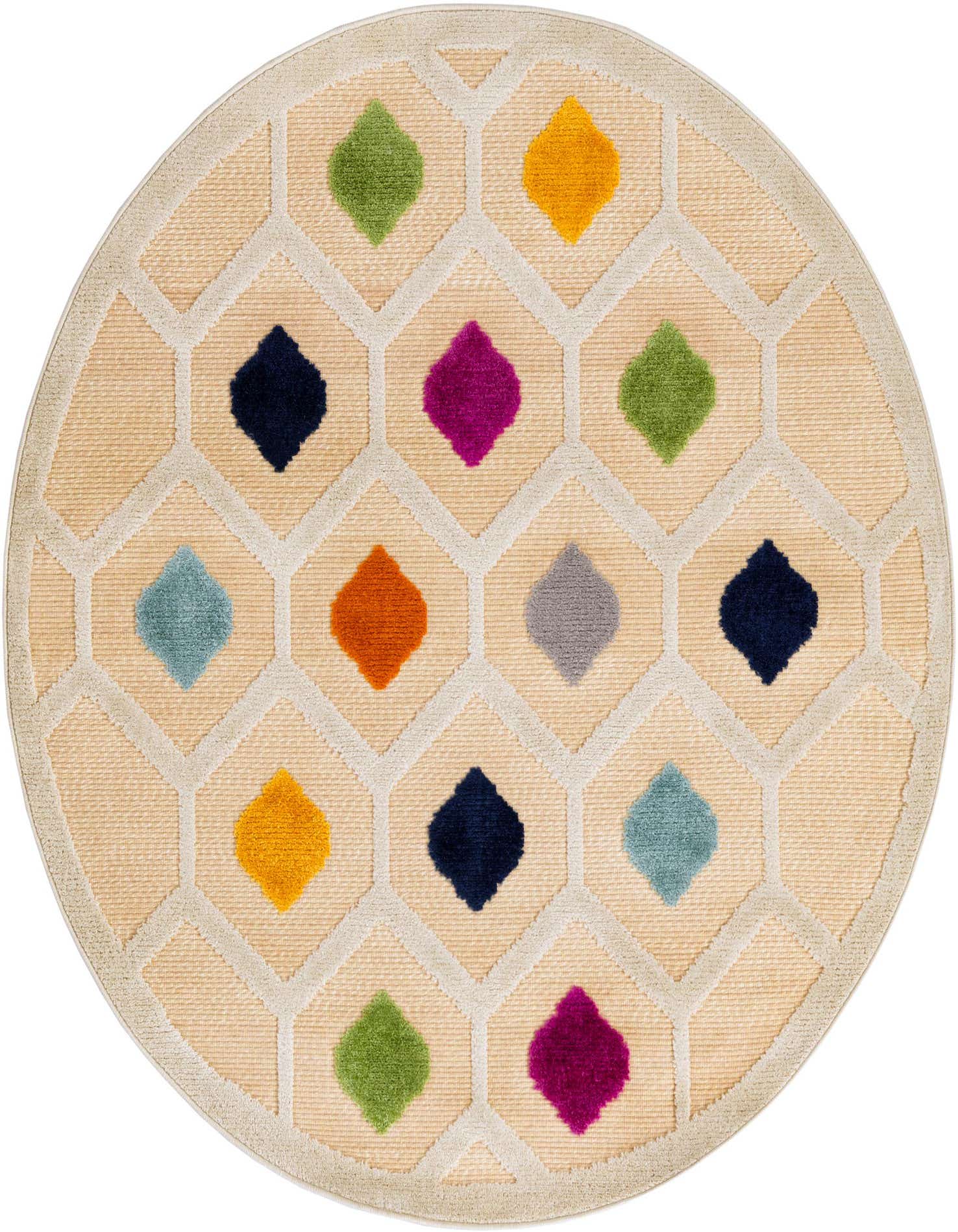 A round, cream-colored outdoor rug featuring a modern trellis pattern with colorful diamond shapes in blue, green, orange, yellow, and purple.