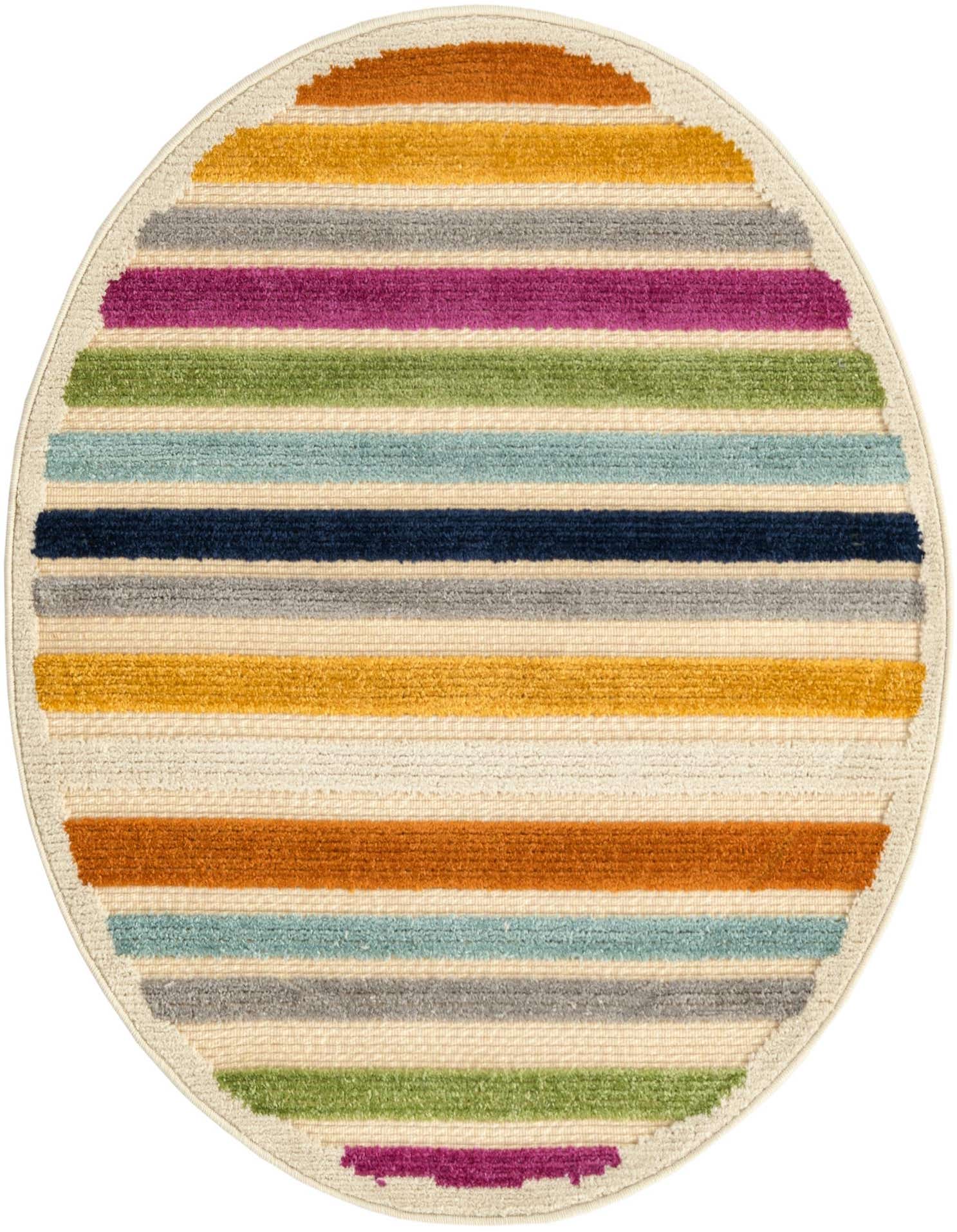 A round 3' 3 x 3' 3 Rugs.com Aruba Outdoor rug featuring vibrant multi-colored stripes on a cream background, suitable for a patio.