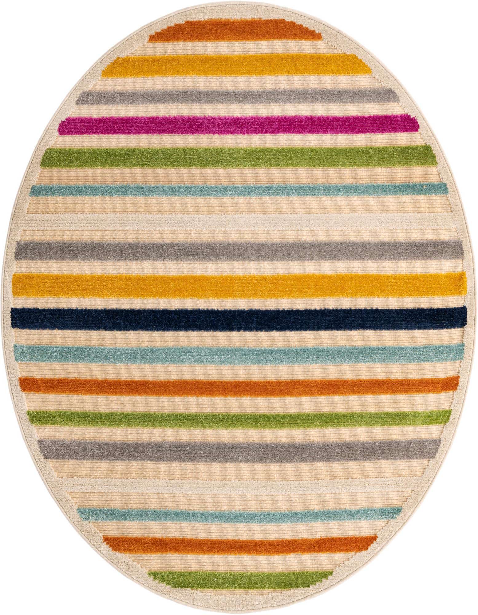 A round, multi-color striped rug with a textured pile, featuring cream, brown, orange, yellow, green, blue, and pink stripes.