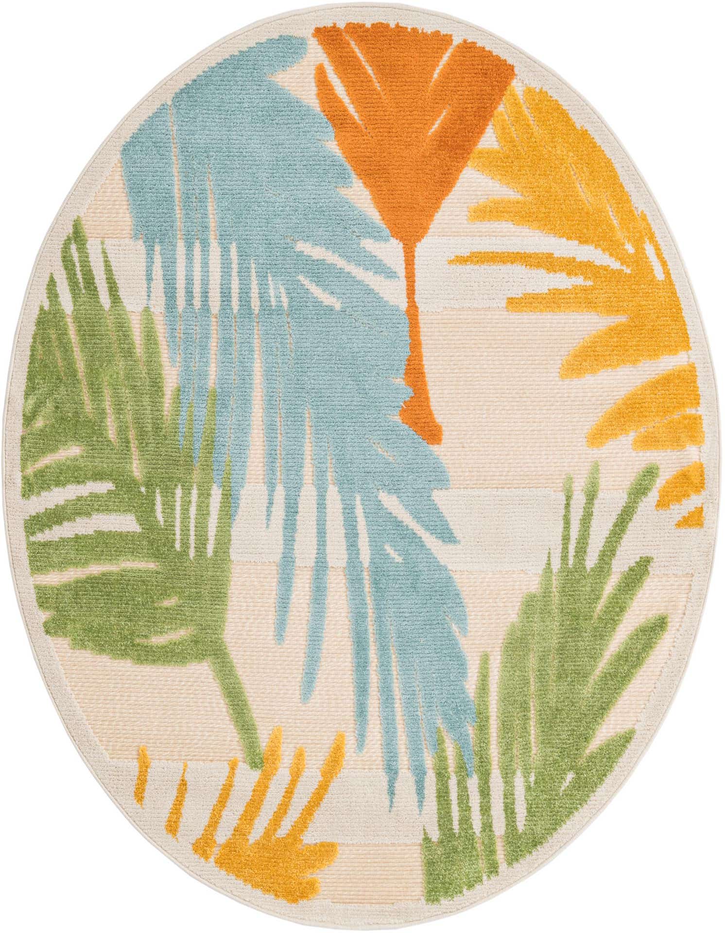 A round, cream-colored outdoor rug featuring large, vibrant tropical leaves in shades of blue, green, and orange.