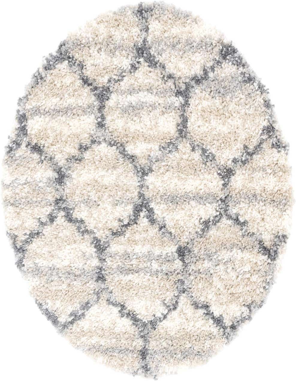 A 3' 3 round Athena Shag rug featuring a modern trellis pattern in ivory, cream, and brown tones.