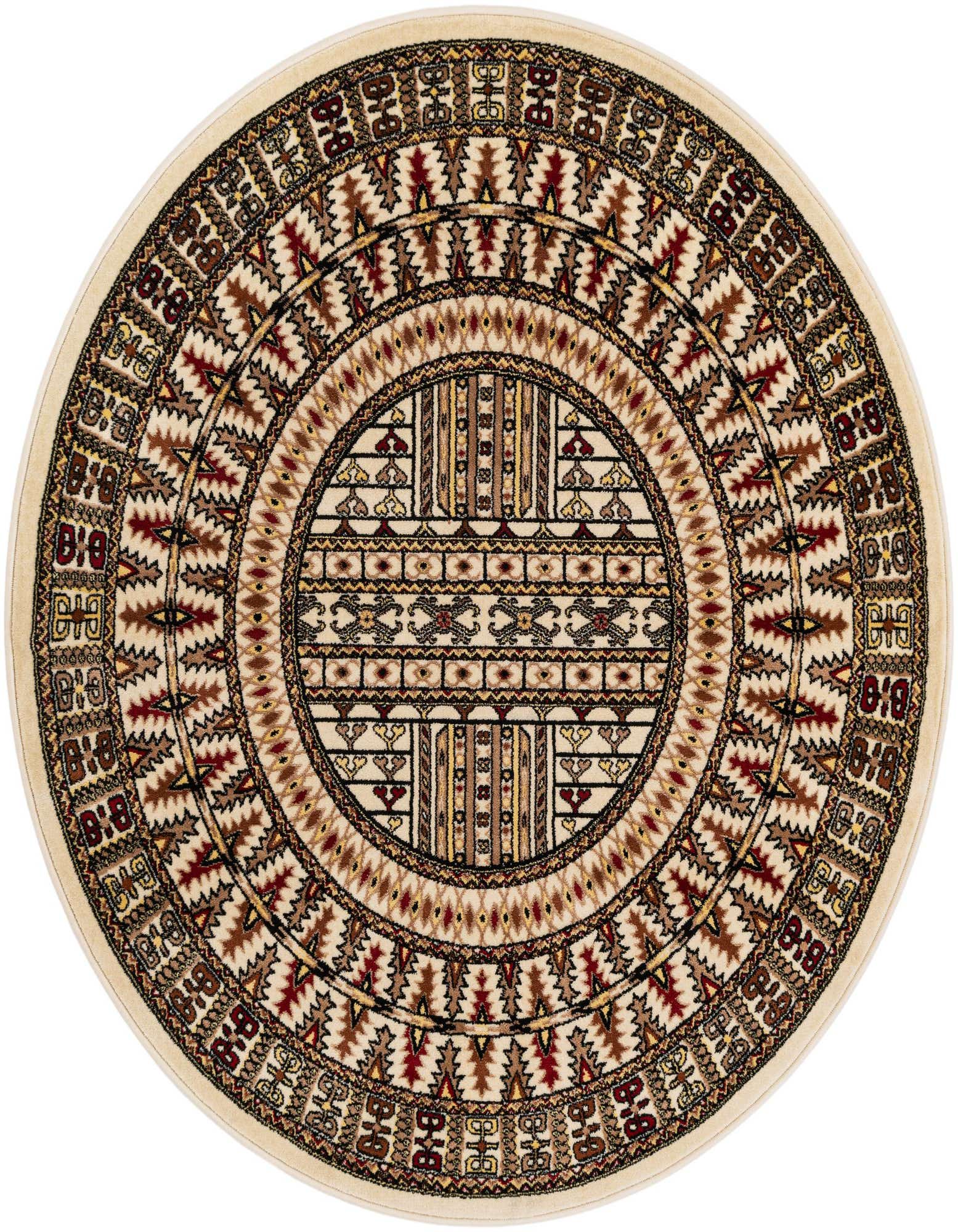 A round 5' 3 x 5' 3 Bokhara rug with a central medallion and intricate patterns in browns, tans, and creams.