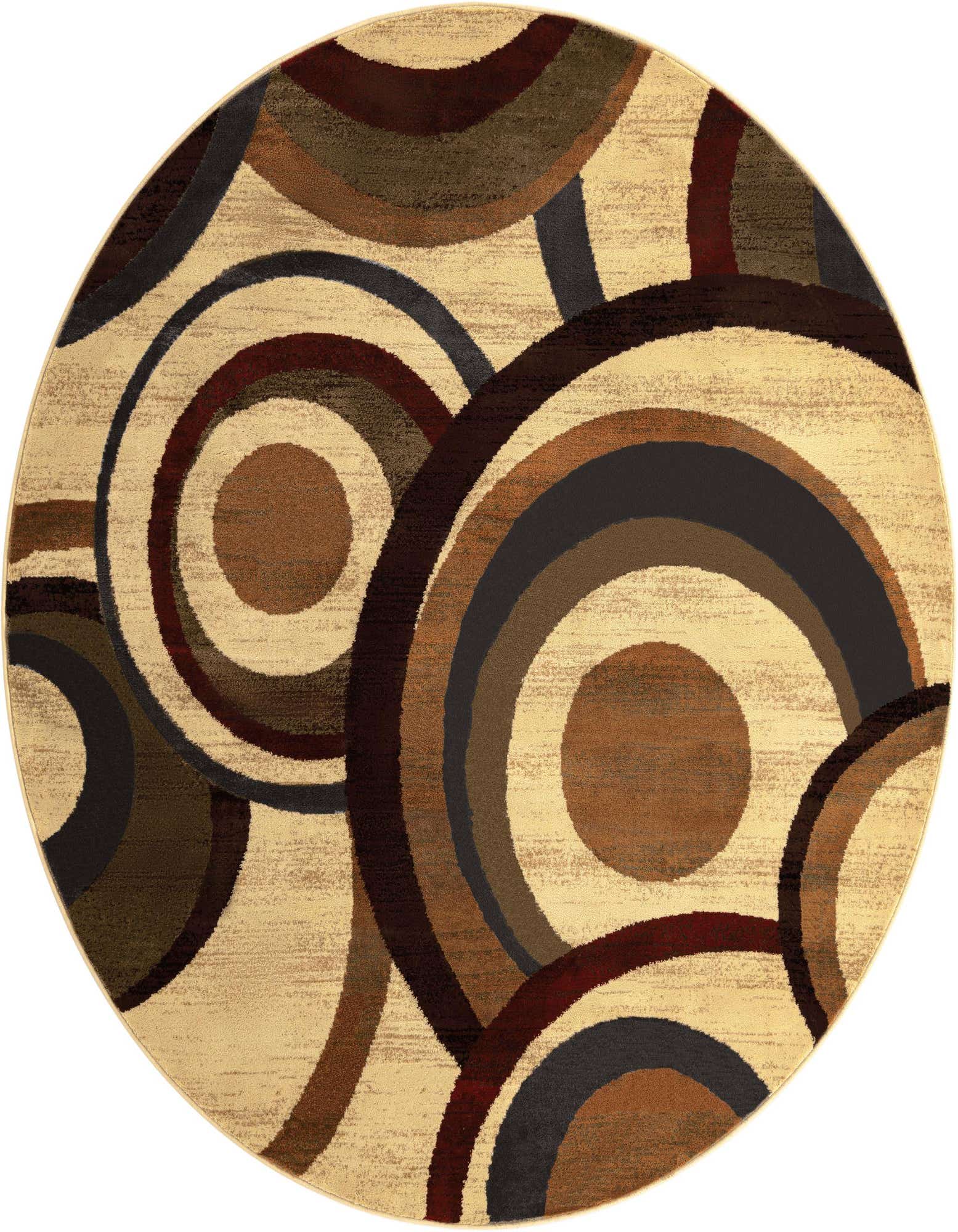 A round 7' 10 x 7' 10 area rug featuring an abstract pattern of overlapping circles in shades of brown, tan, ivory, and cream.