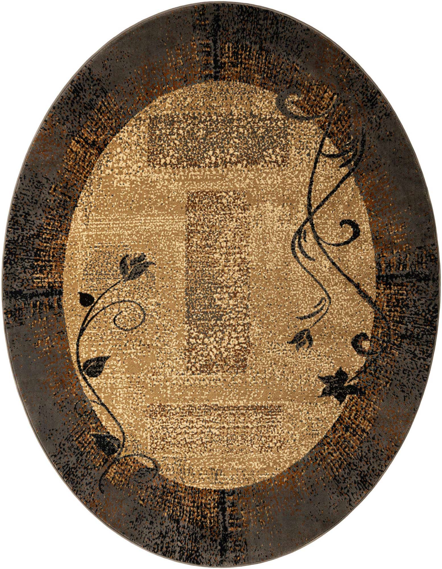 A 7' 10 round brown and tan rug with an eclectic floral and geometric pattern, perfect for an indoor living space.