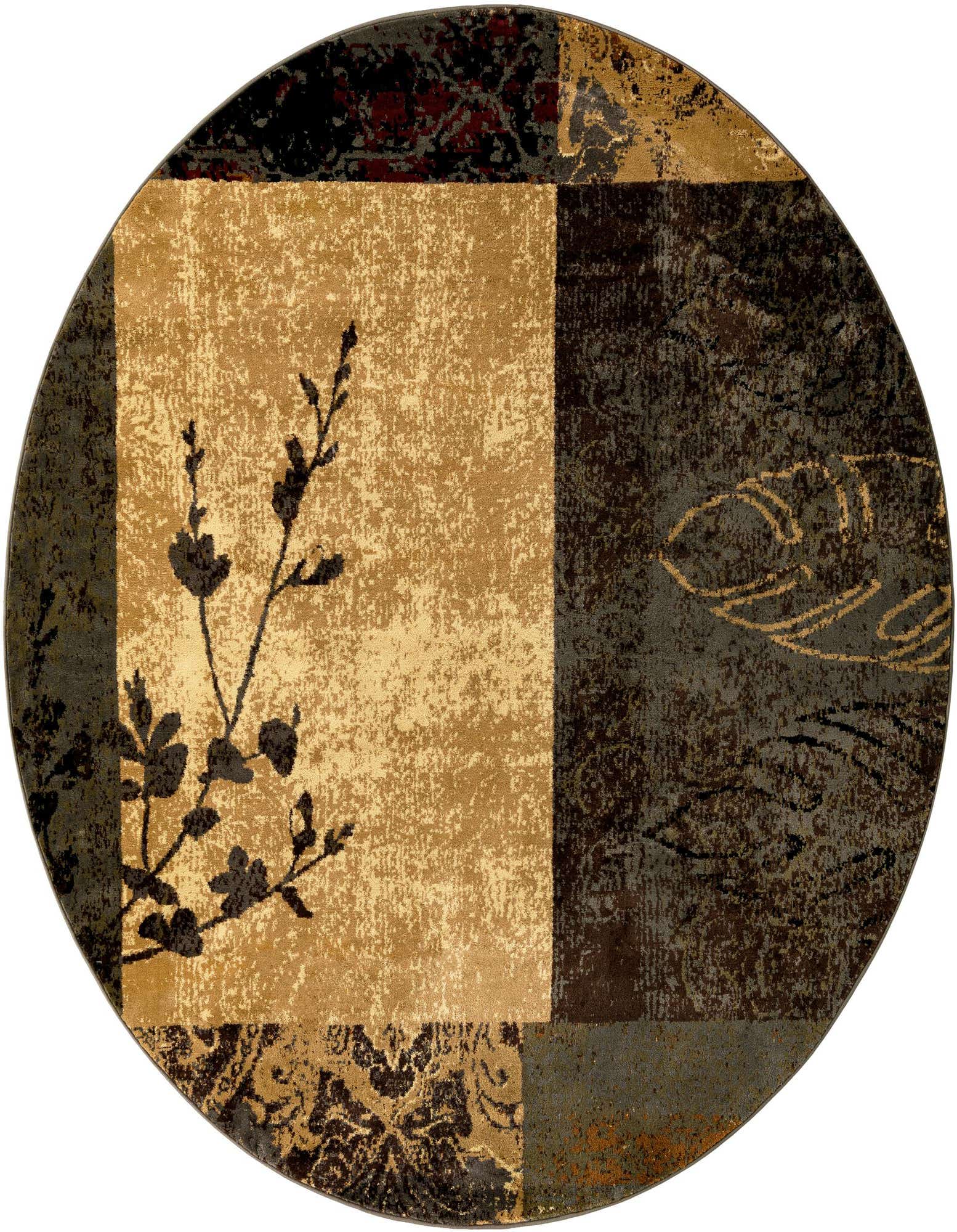 A round, eclectic rug featuring a large tan panel with a dark floral branch, bordered by distressed brown, black, and gold sections with abstract and leaf patterns.