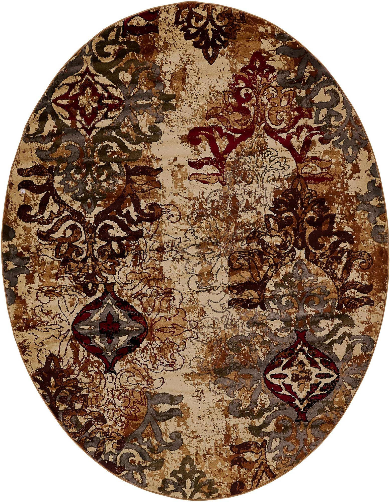 A 7' 10 round Cafe Collection rug with an eclectic, abstract pattern in browns, tans, and creams.