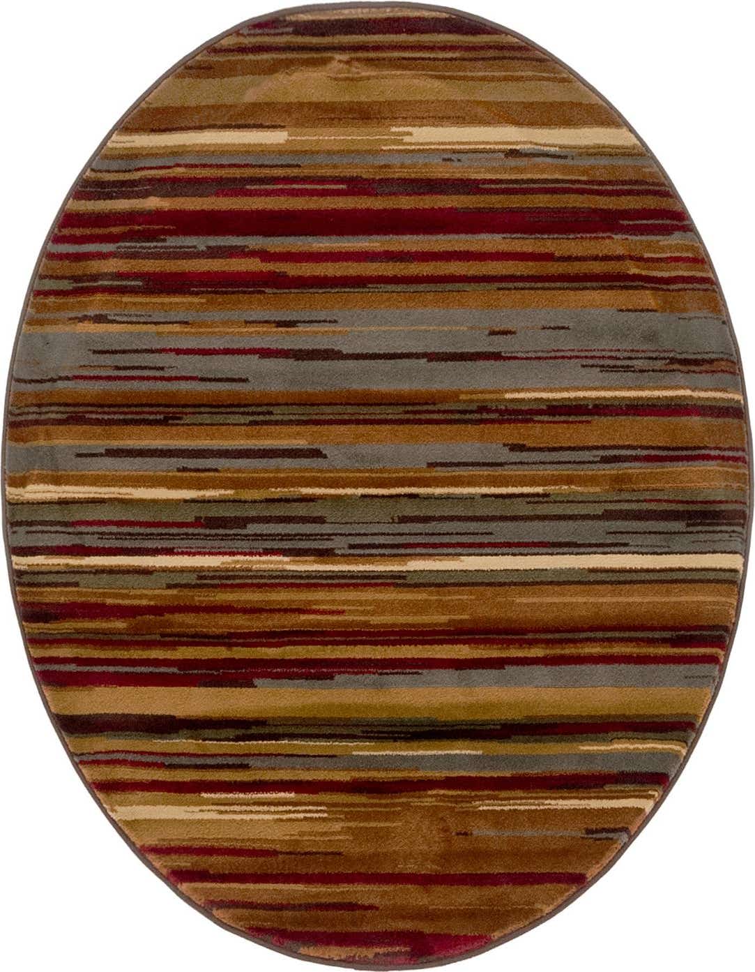 A 4' round Cafe rug featuring an eclectic stripe pattern in shades of brown, tan, ivory, red, and grey.