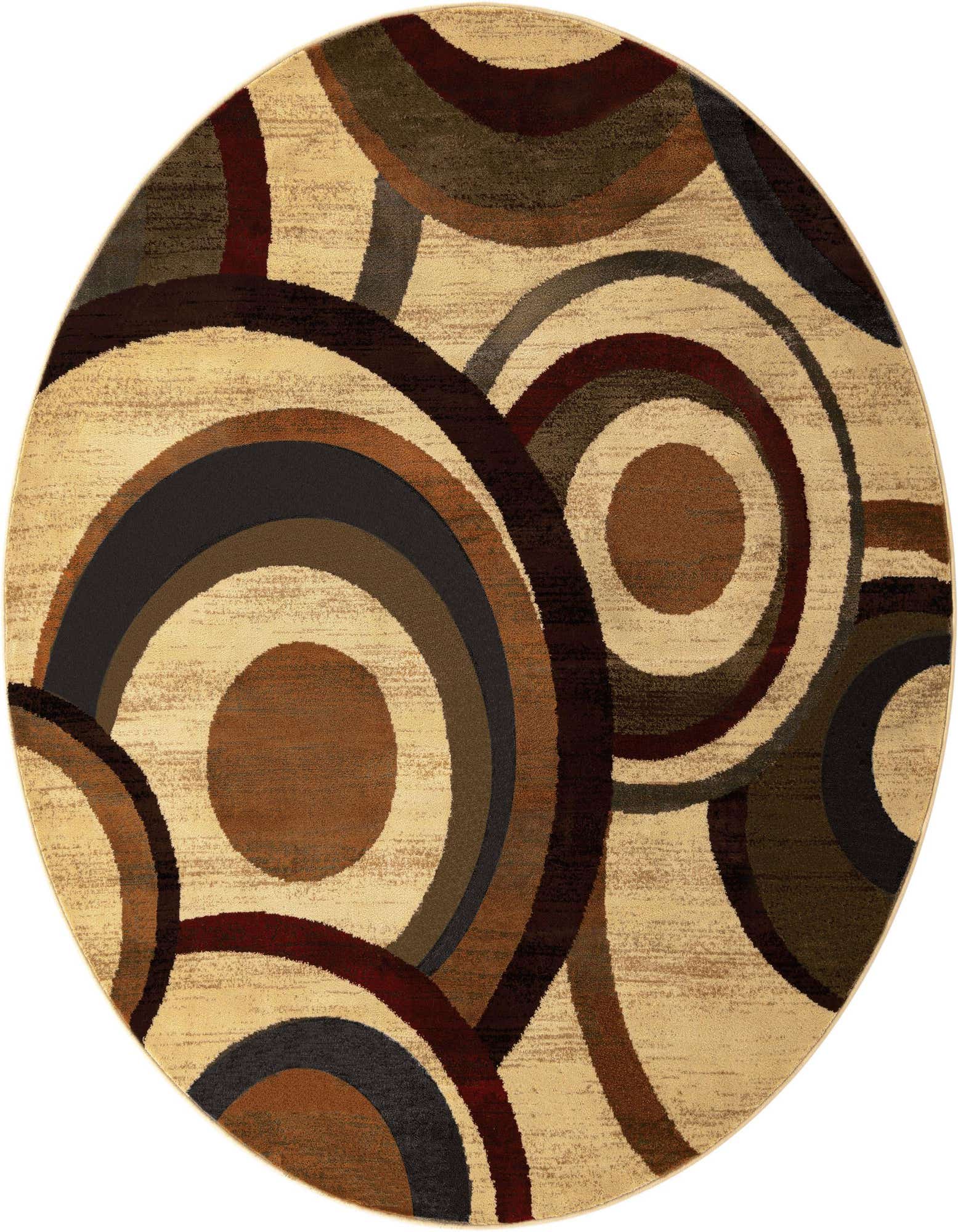 A 4' round rug featuring an eclectic, modern abstract pattern of overlapping circles and arcs in shades of brown, tan, cream, and dark gray.