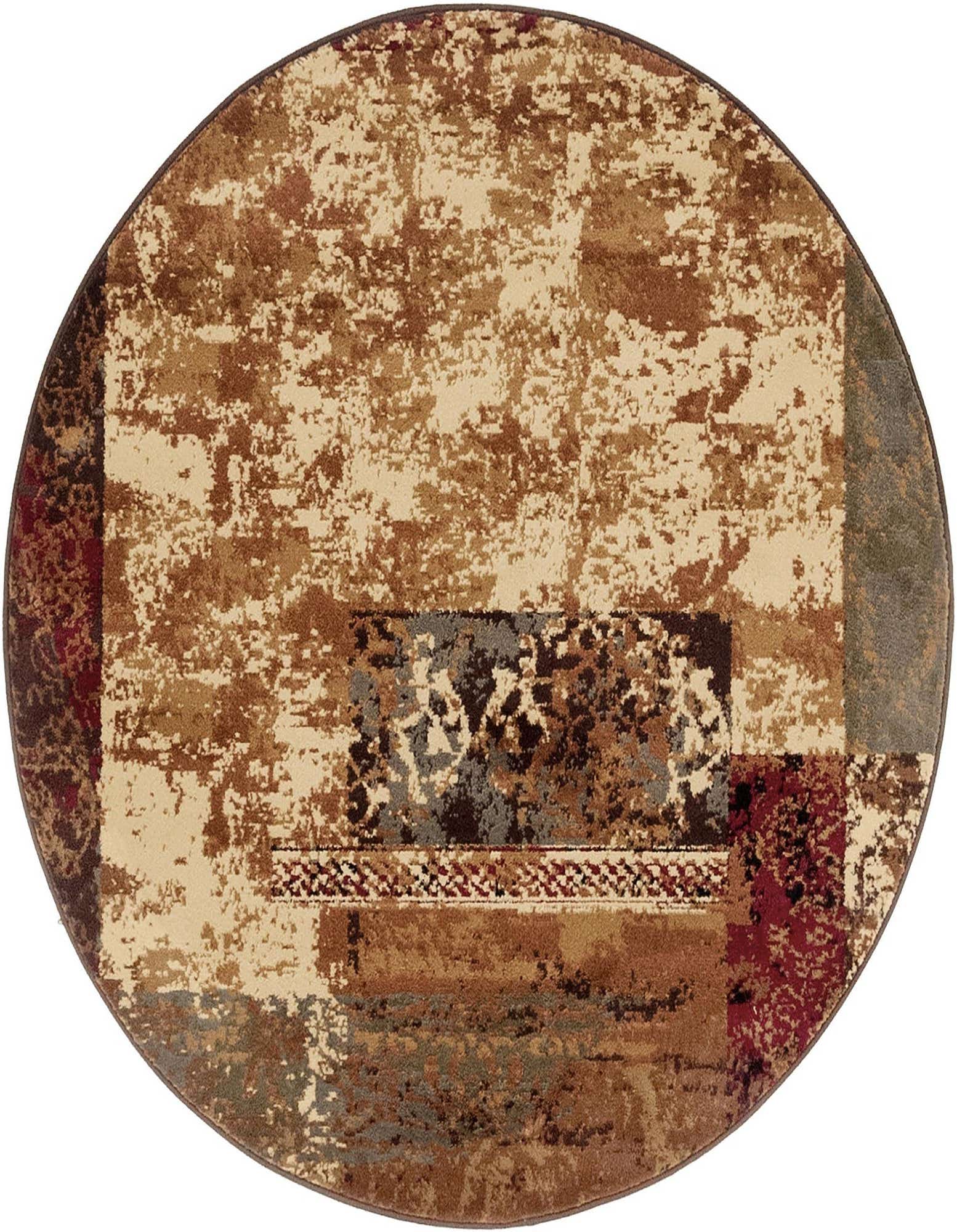 A 4' round Cafe Collection rug with an abstract pattern in shades of brown, tan, cream, and hints of red and gray.