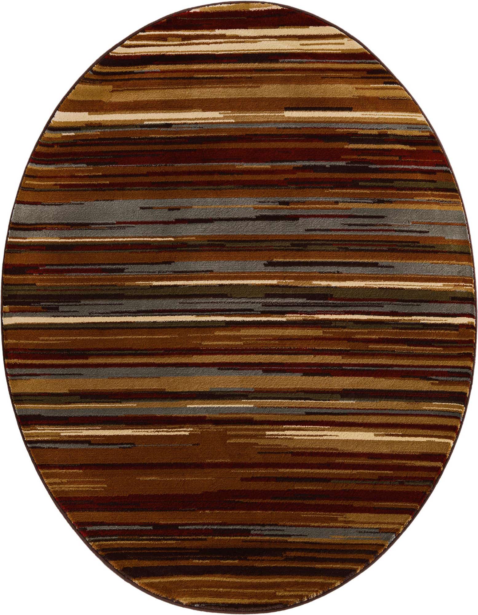 Round Cafe collection rug featuring an eclectic stripe pattern in various shades of brown, tan, cream, and gray.